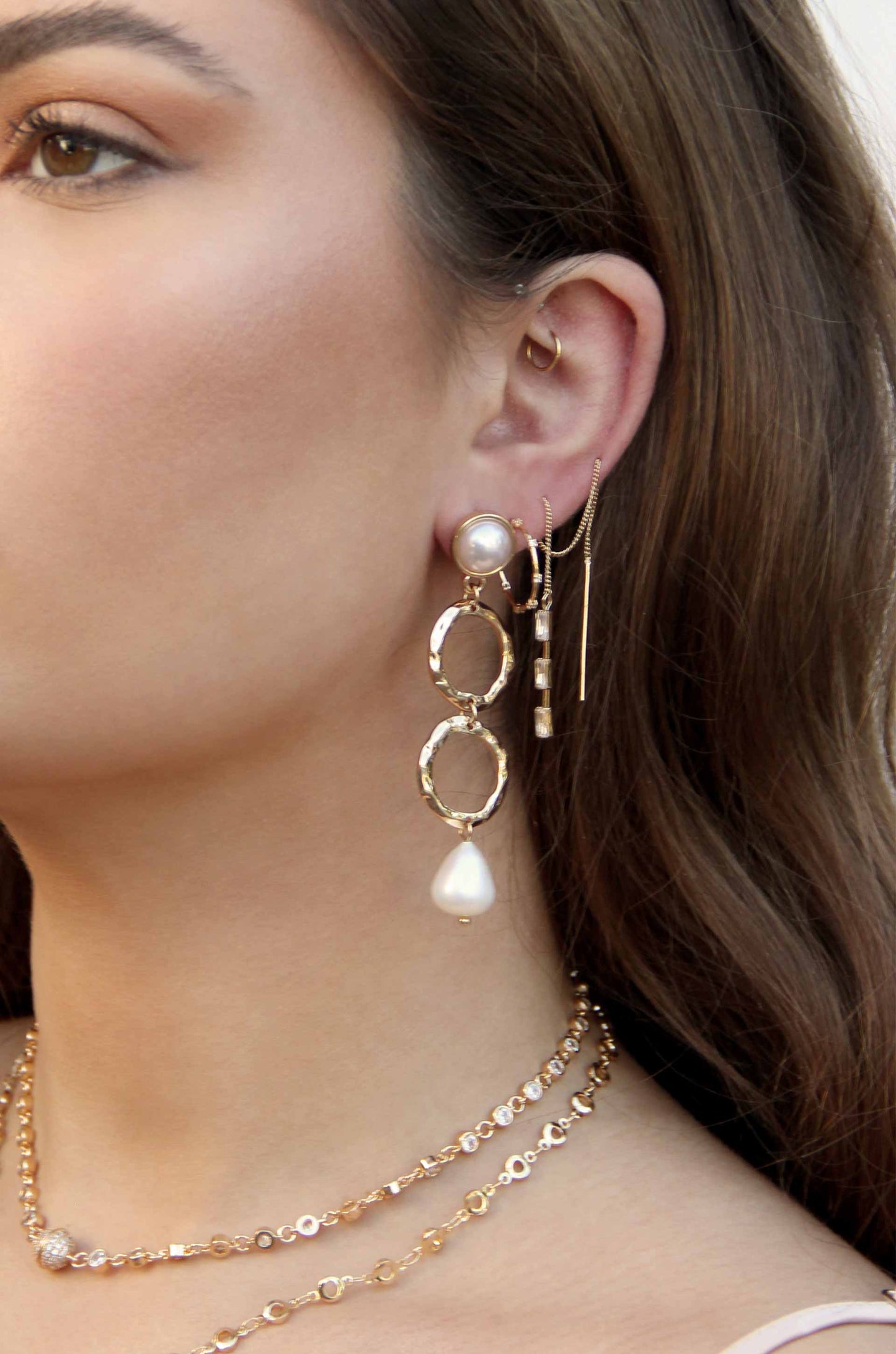 Textured Pearl Drop 18k Gold Plated Earrings shown on a model  