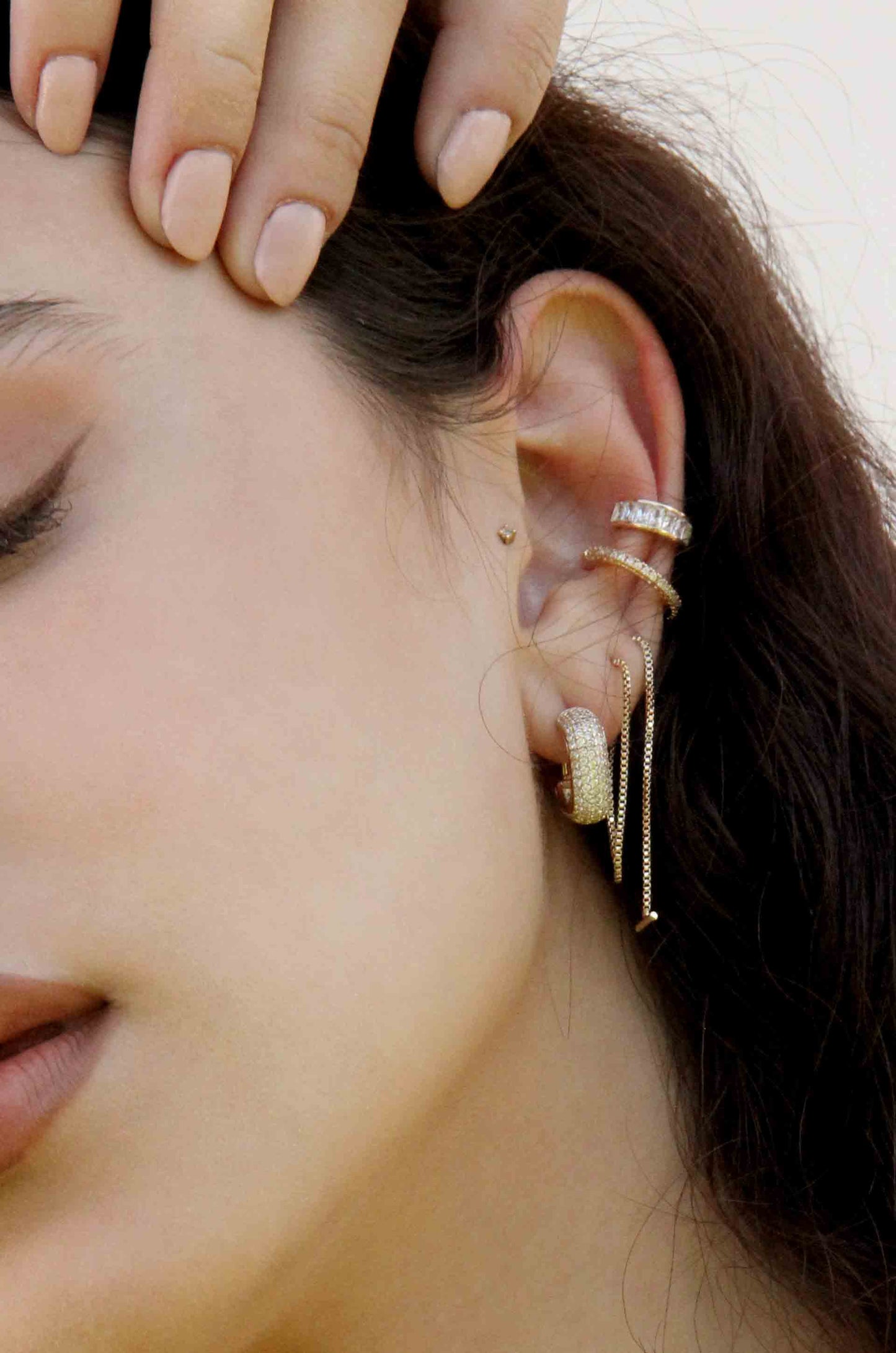 Single Chain Threader 18k Gold Plated Earrings shown on a model  