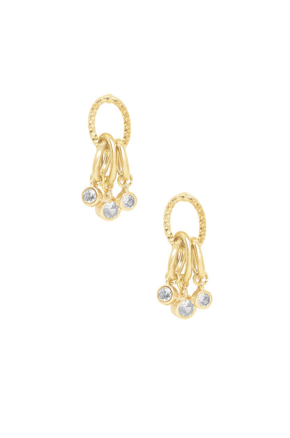 Mini Crystal Jingle Dangle 18k Gold Plated Earrings on white background  