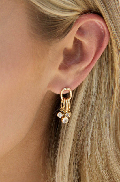Mini Crystal Jingle Dangle 18k Gold Plated Earrings shown on a model  