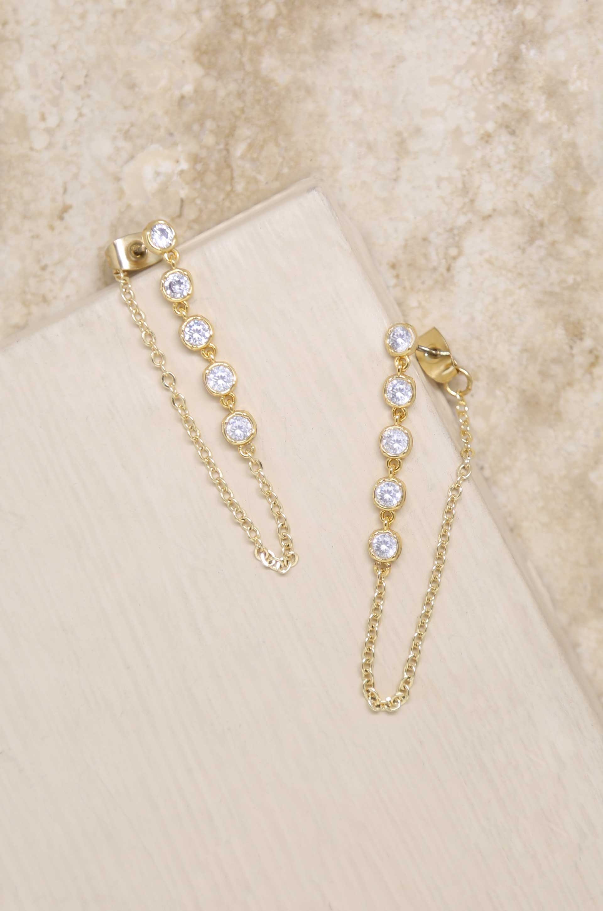 Crystal Chain Danglers 18k Gold Plated Earring on slate background  