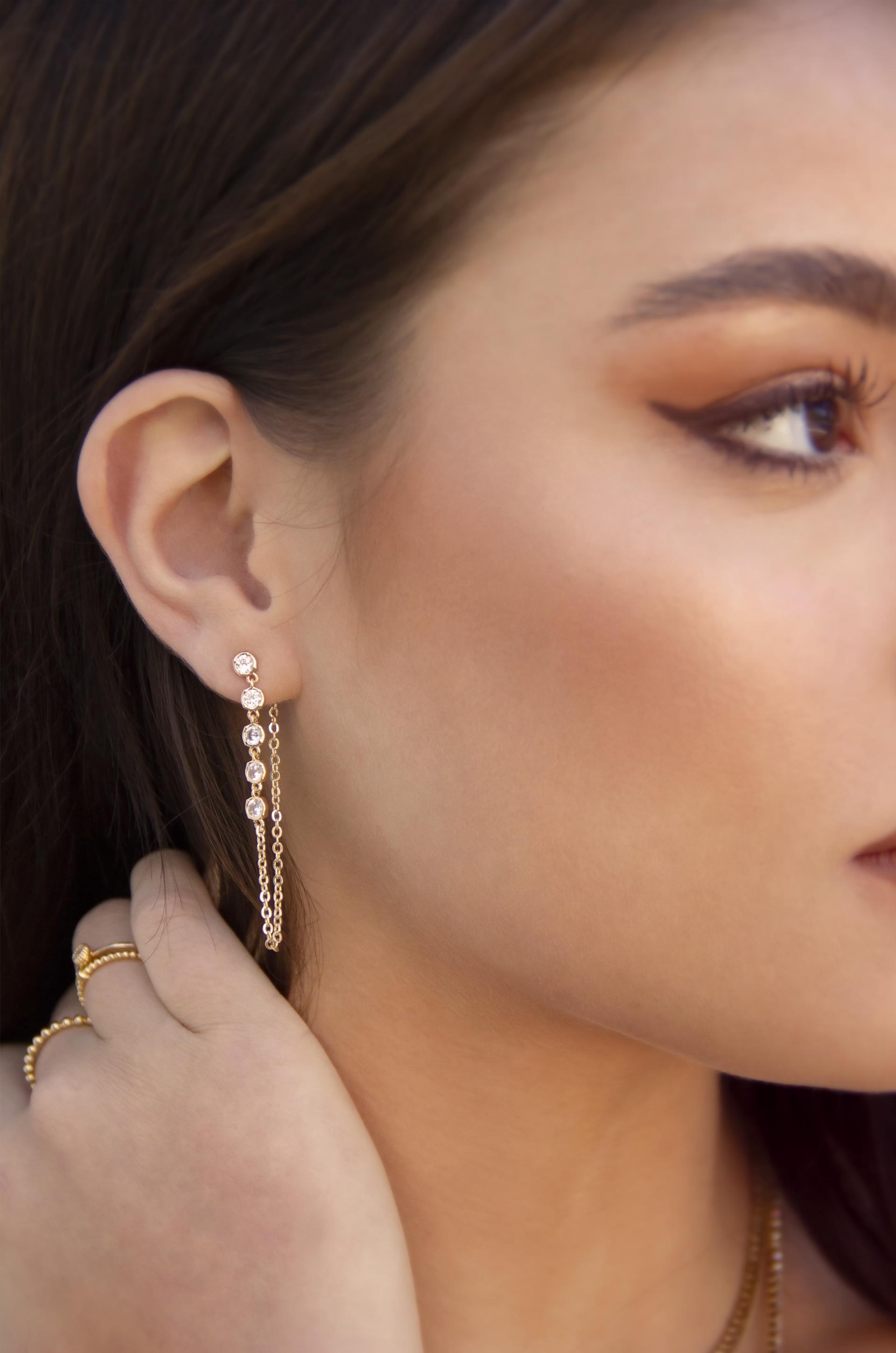 Crystal Chain Danglers 18k Gold Plated Earring on model