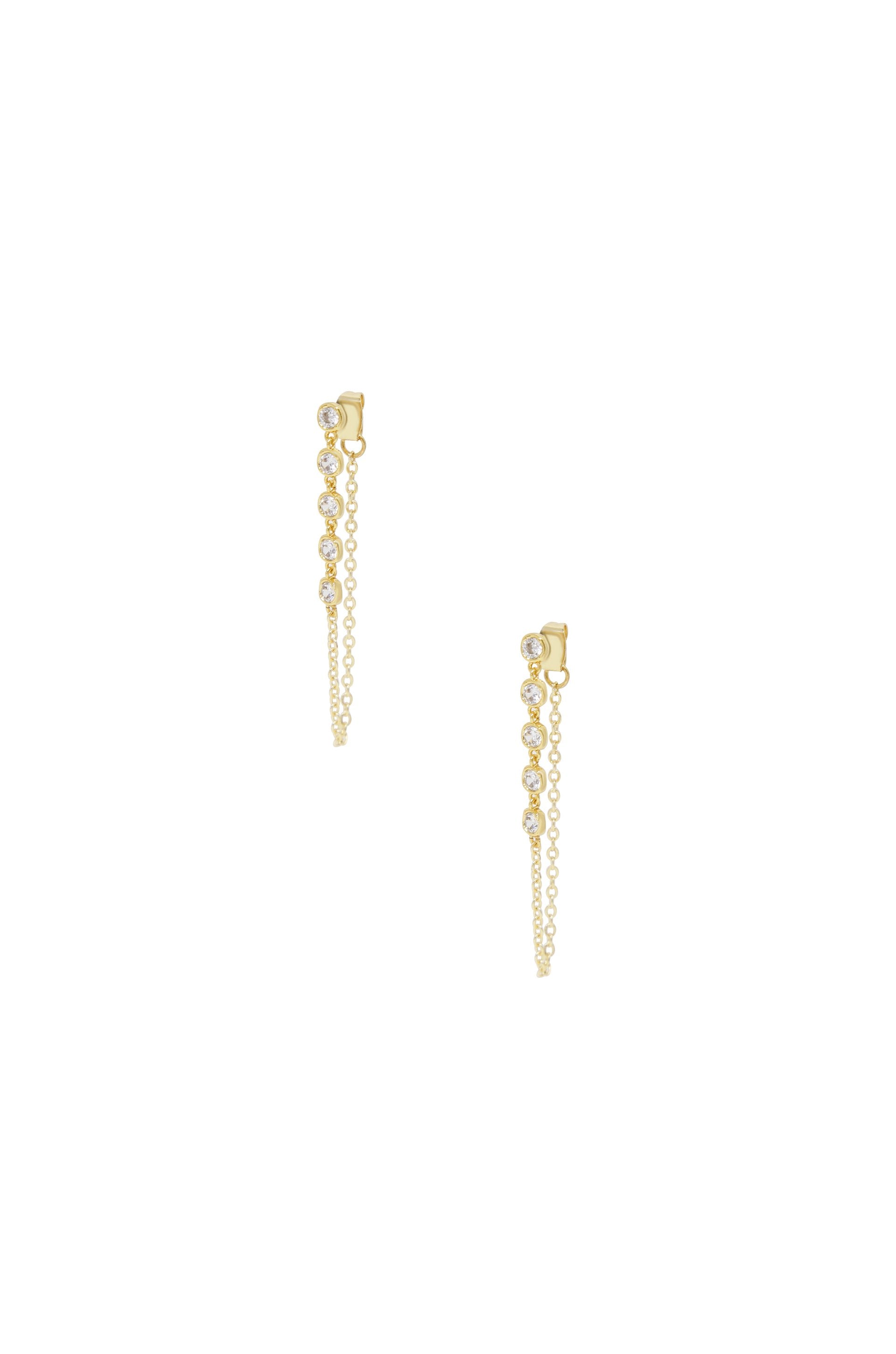 Crystal Chain Danglers 18k Gold Plated Earring on white background  