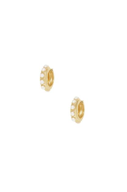 Pearl & 18k Gold Plated Mini Huggie Hoop Earrings on white background  
