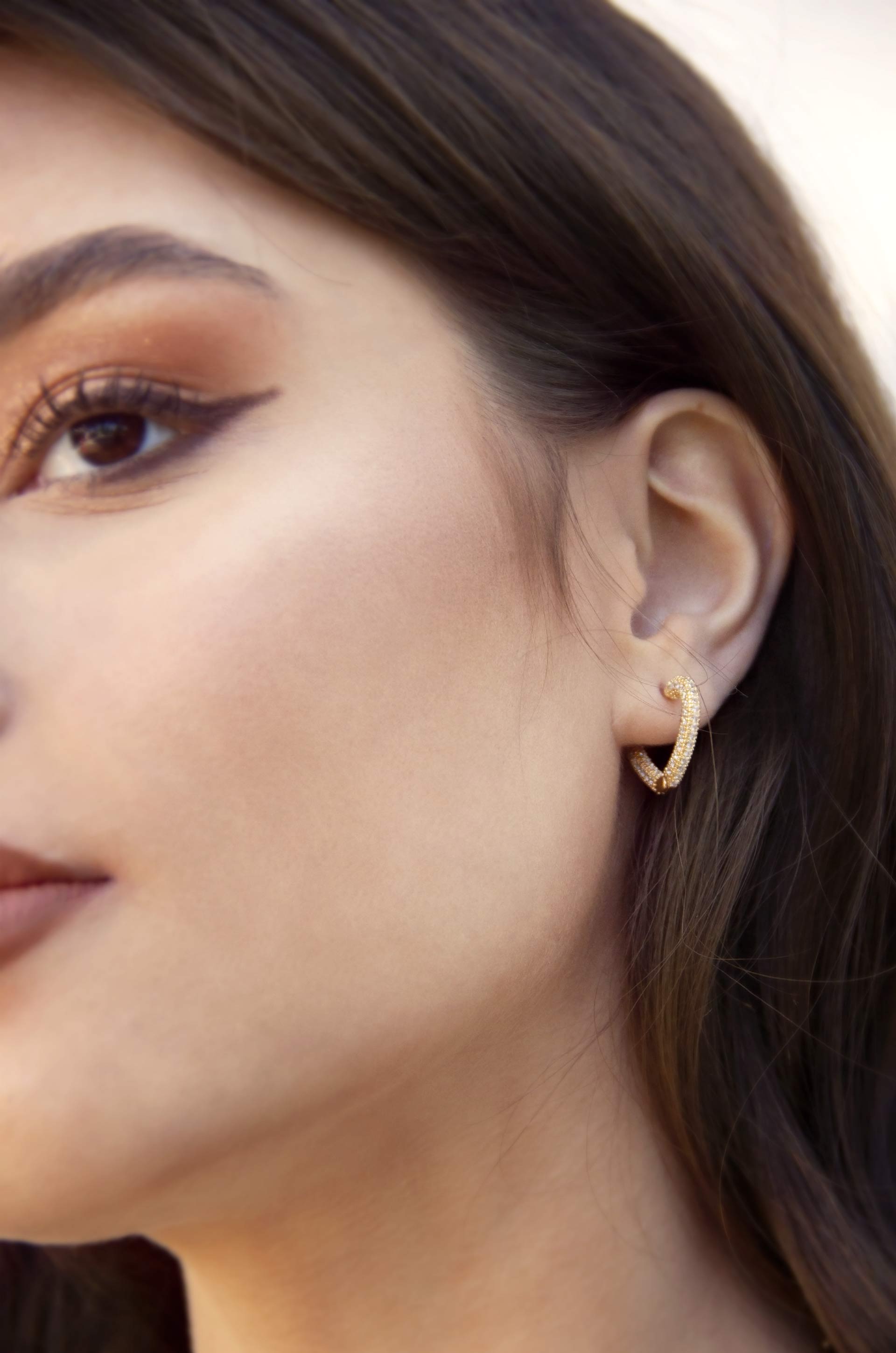 Mini Crystal Cluster Heart 18k Gold Plated Hoop Earrings on model