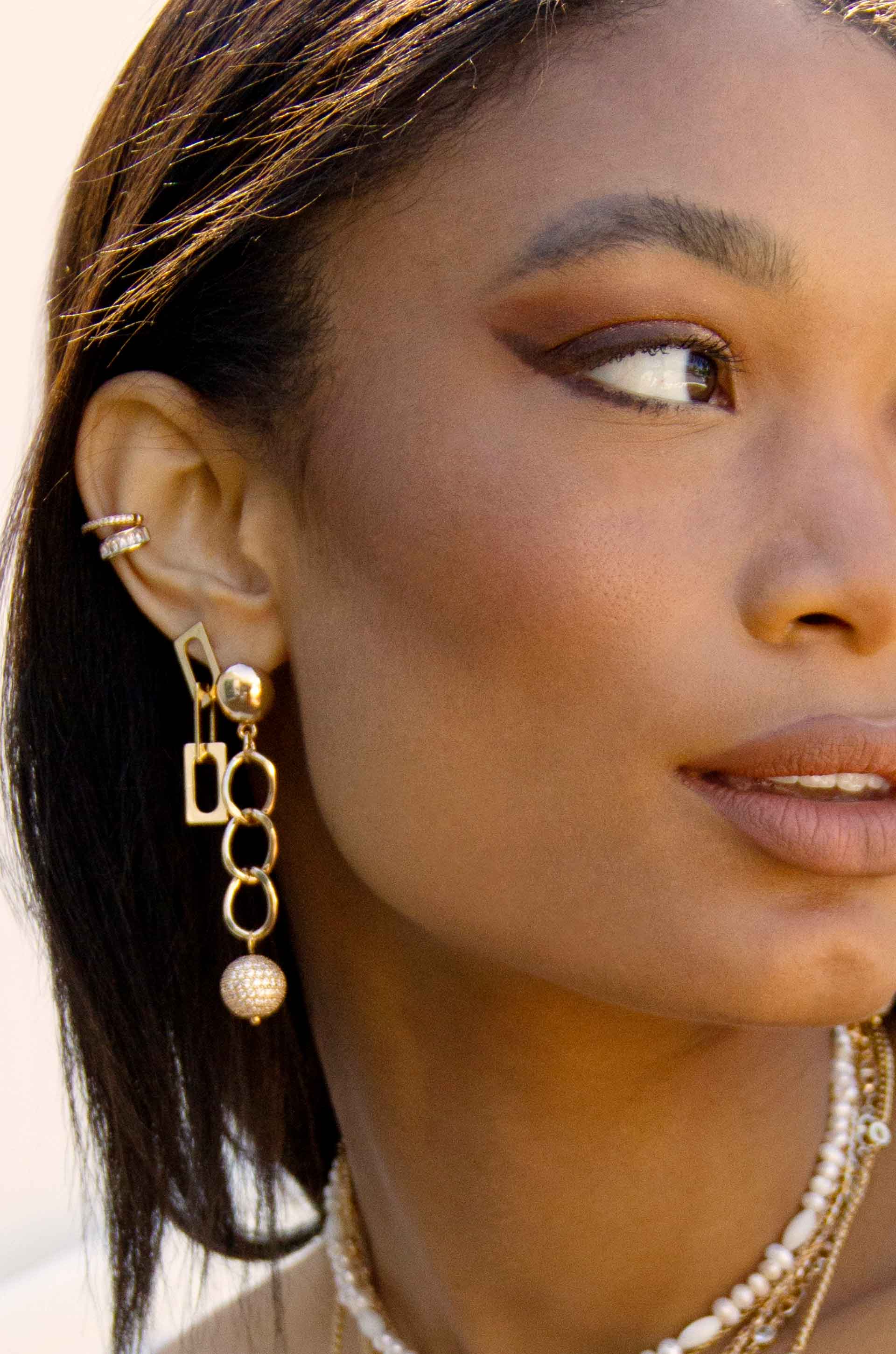 Chain Dangle Crystal Ball Earrings on model