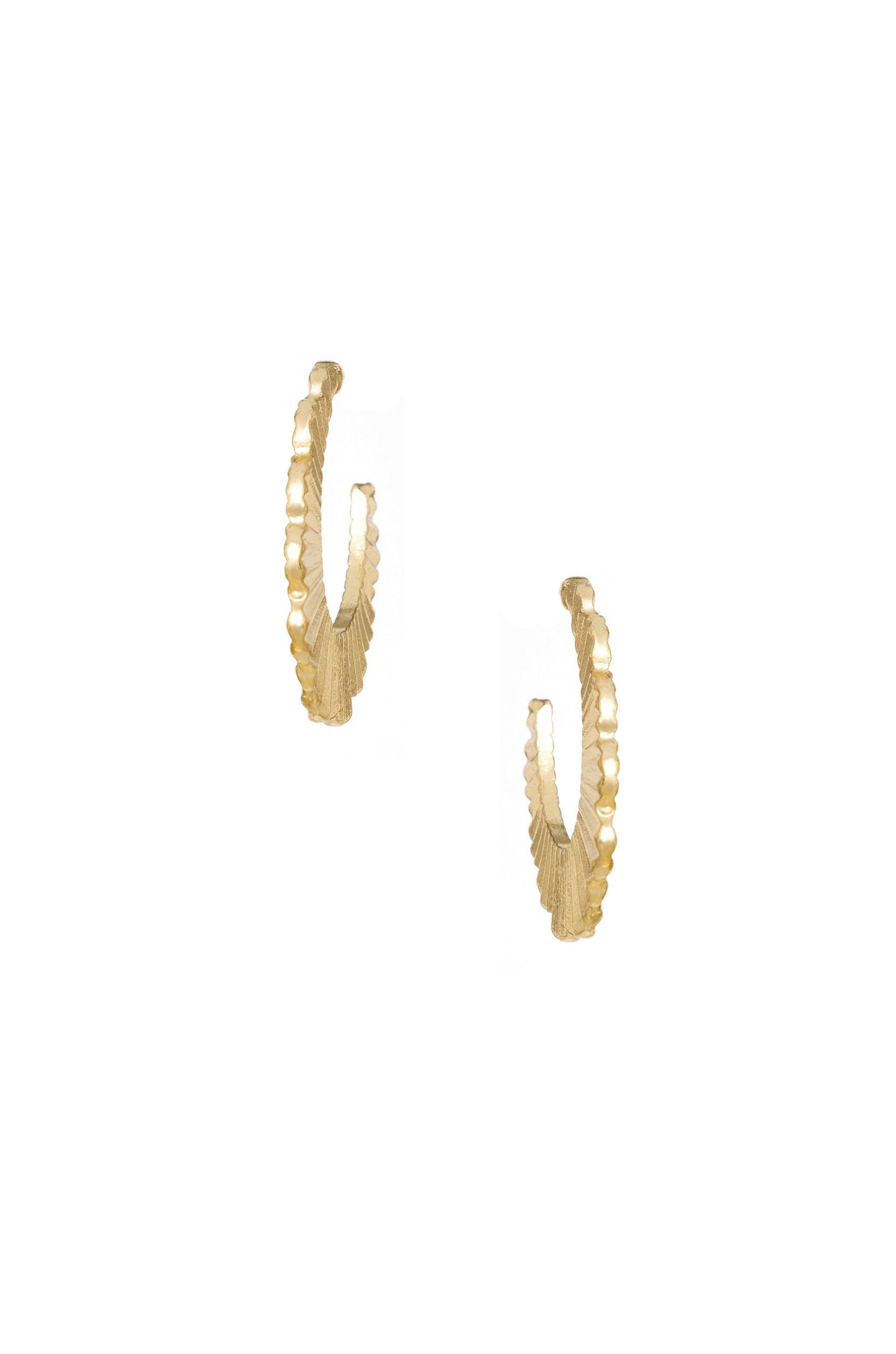 Textured Relics 18k Gold Plated Hoop Earrings on white background 2