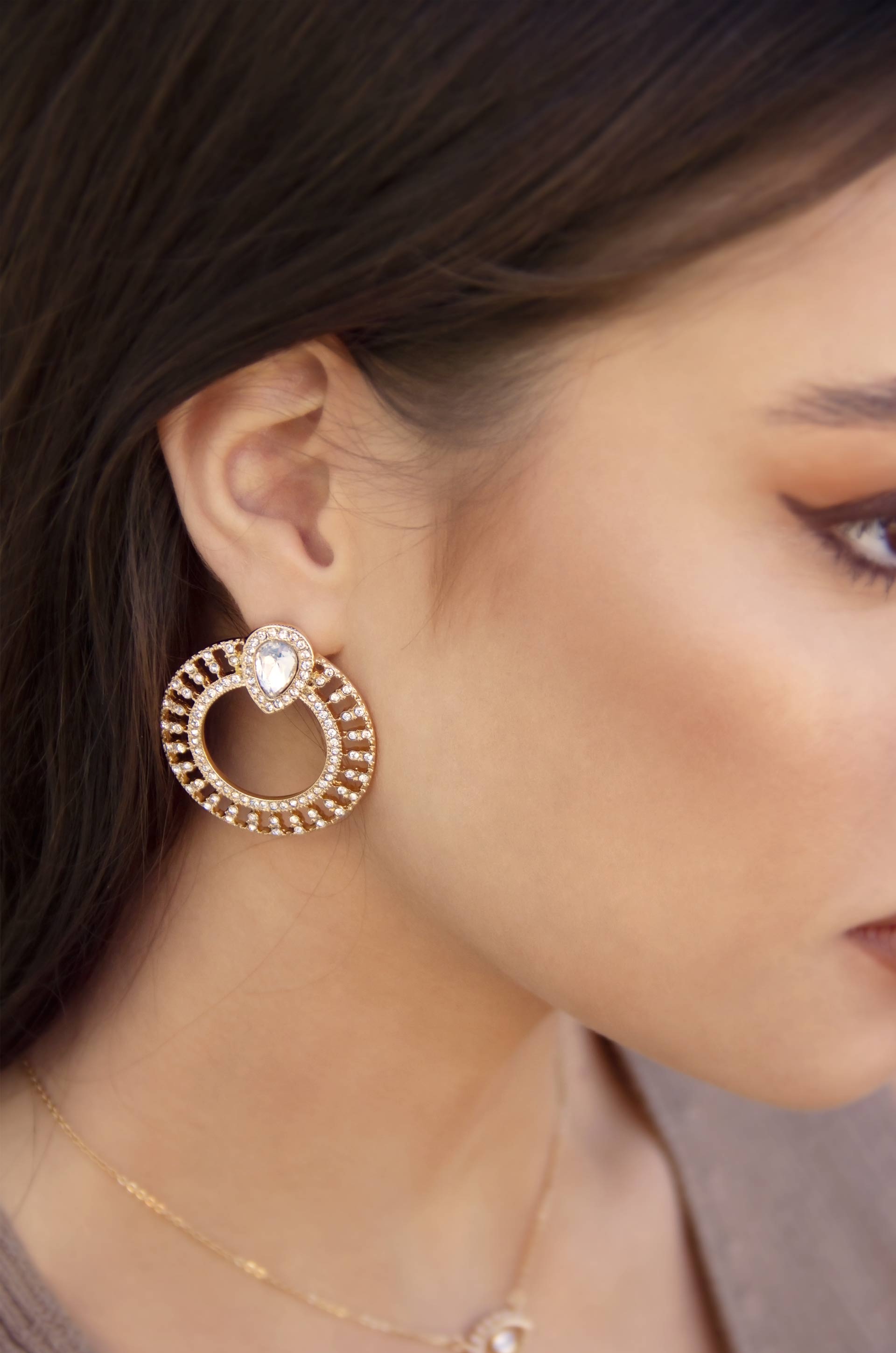 Glitter and Shine 18k Gold Plated Circle Earrings on model