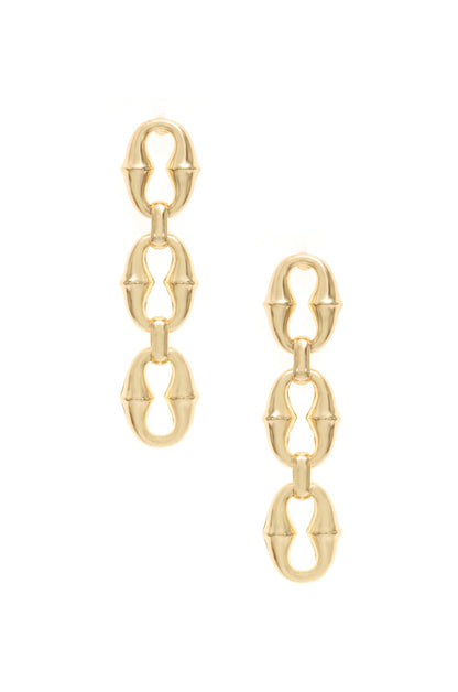 Triple Link Drop 18k Gold Plated Earrings on white background