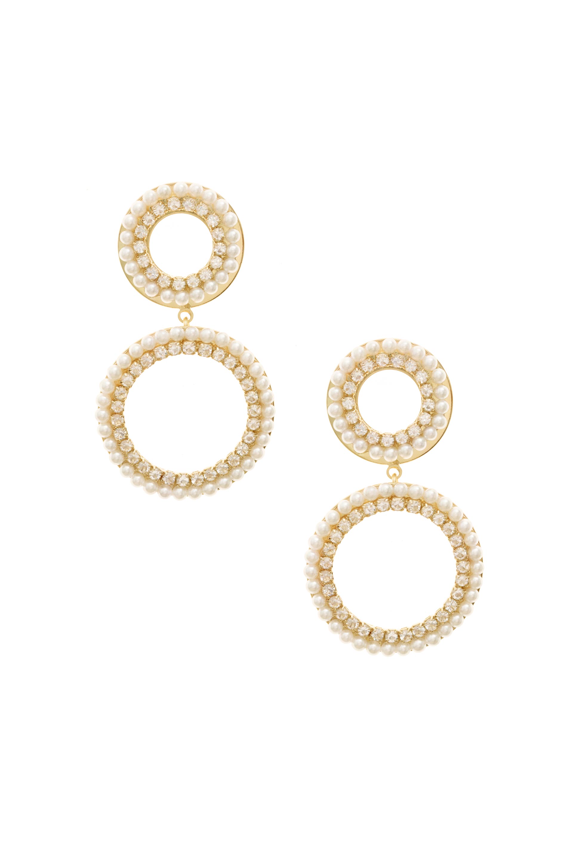 Double Circle Pearl and Crystal 18k Gold Plated Drop Earrings on white background  