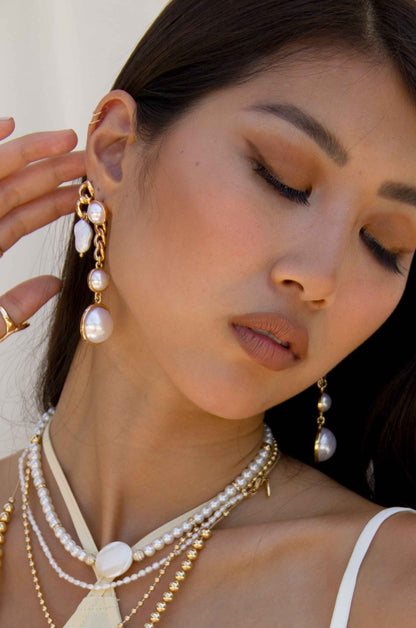 Precious Pearl Drop 18k Gold Plated Earrings on model