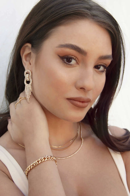 Crystal Gatsby 18k Gold Plated Statement Earrings on model