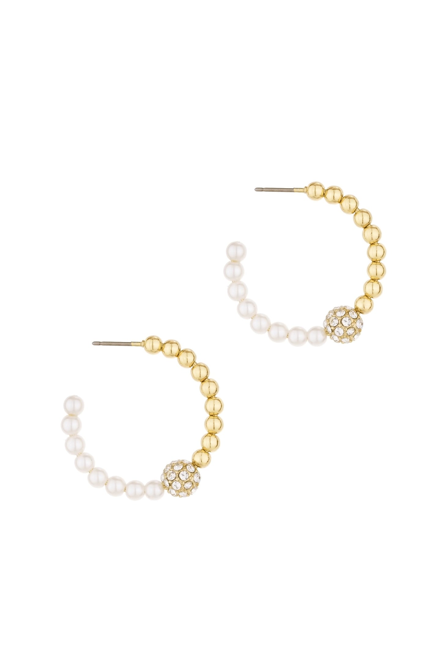 Golden Ball, Pearl, and Crystal 18k Gold Plated Hoops