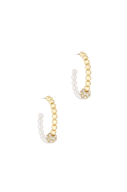 Golden Ball, Pearl, and Crystal 18k Gold Plated Hoops