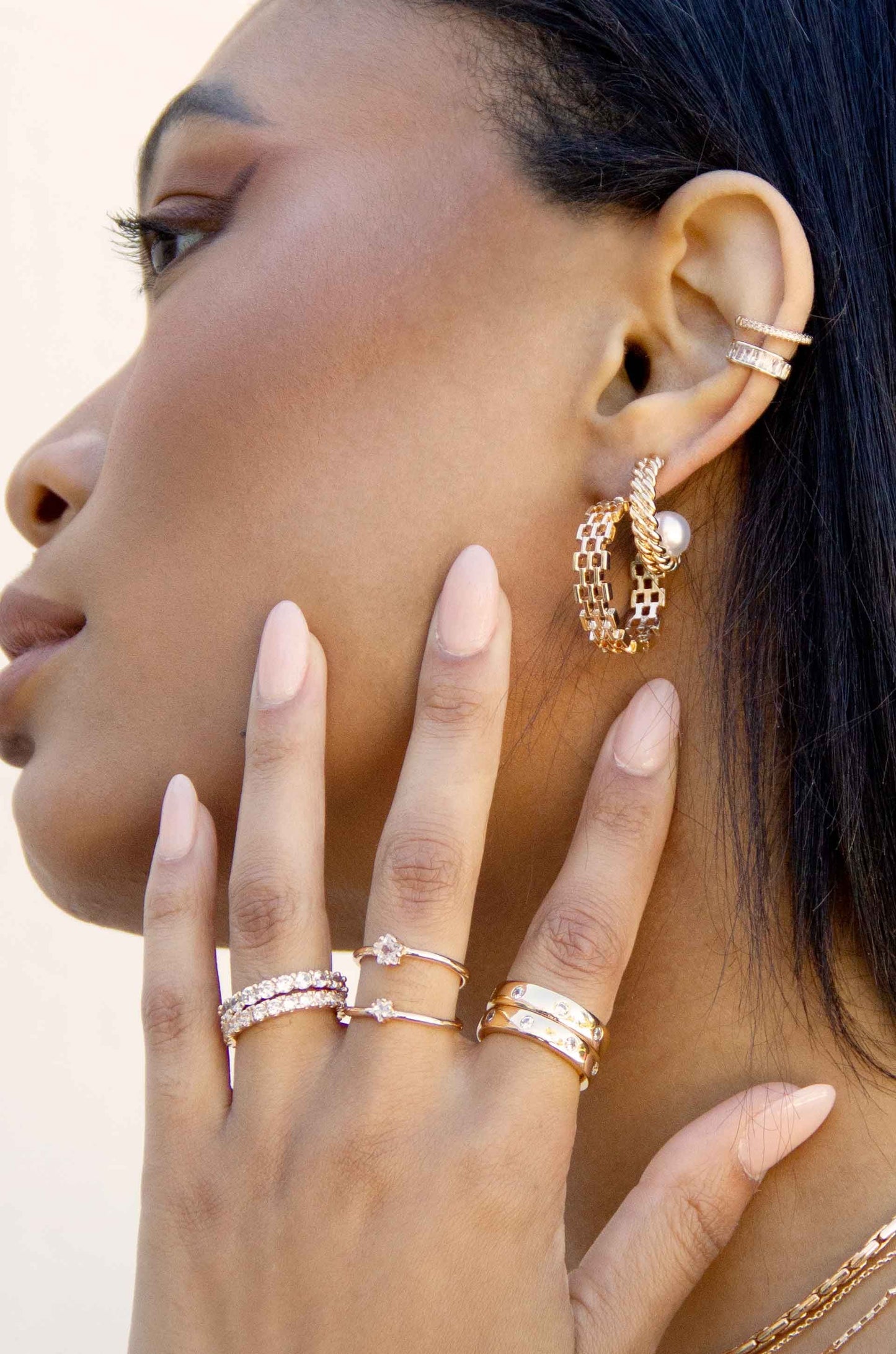 Pearls on a Swing 18k Gold Plated Hoop Earrings on a model