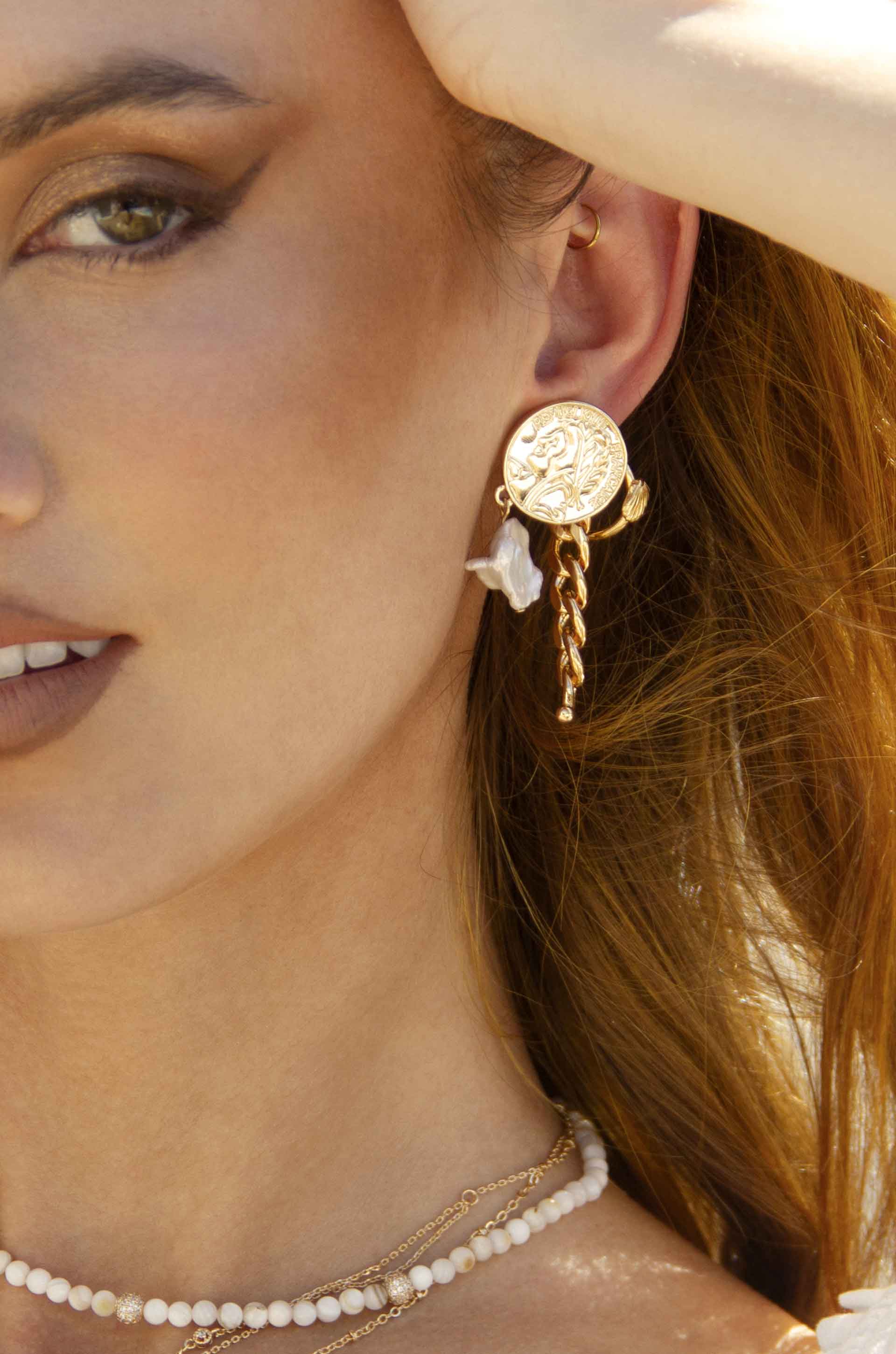 Ancient Coin and Pearl Charm Drop Earrings on model