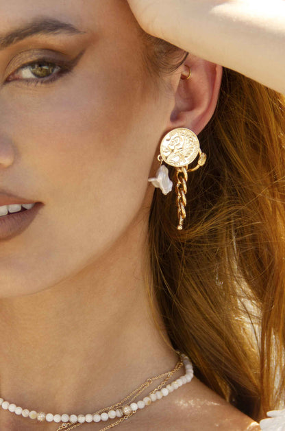 Ancient Coin and Pearl Charm Drop Earrings on model