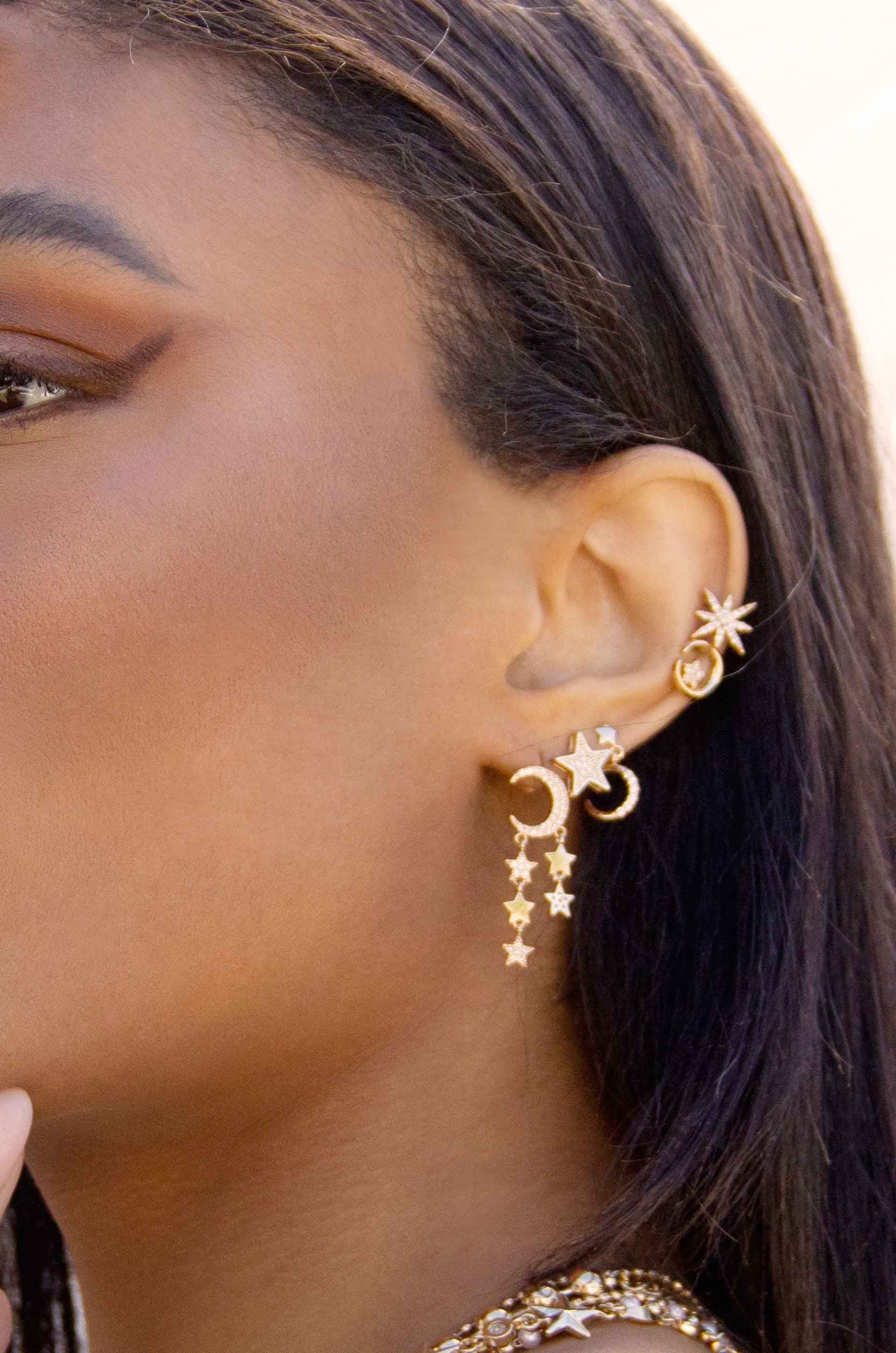 Lunar Shower Crystal Dangle 18k Gold Plated Earrings on a model