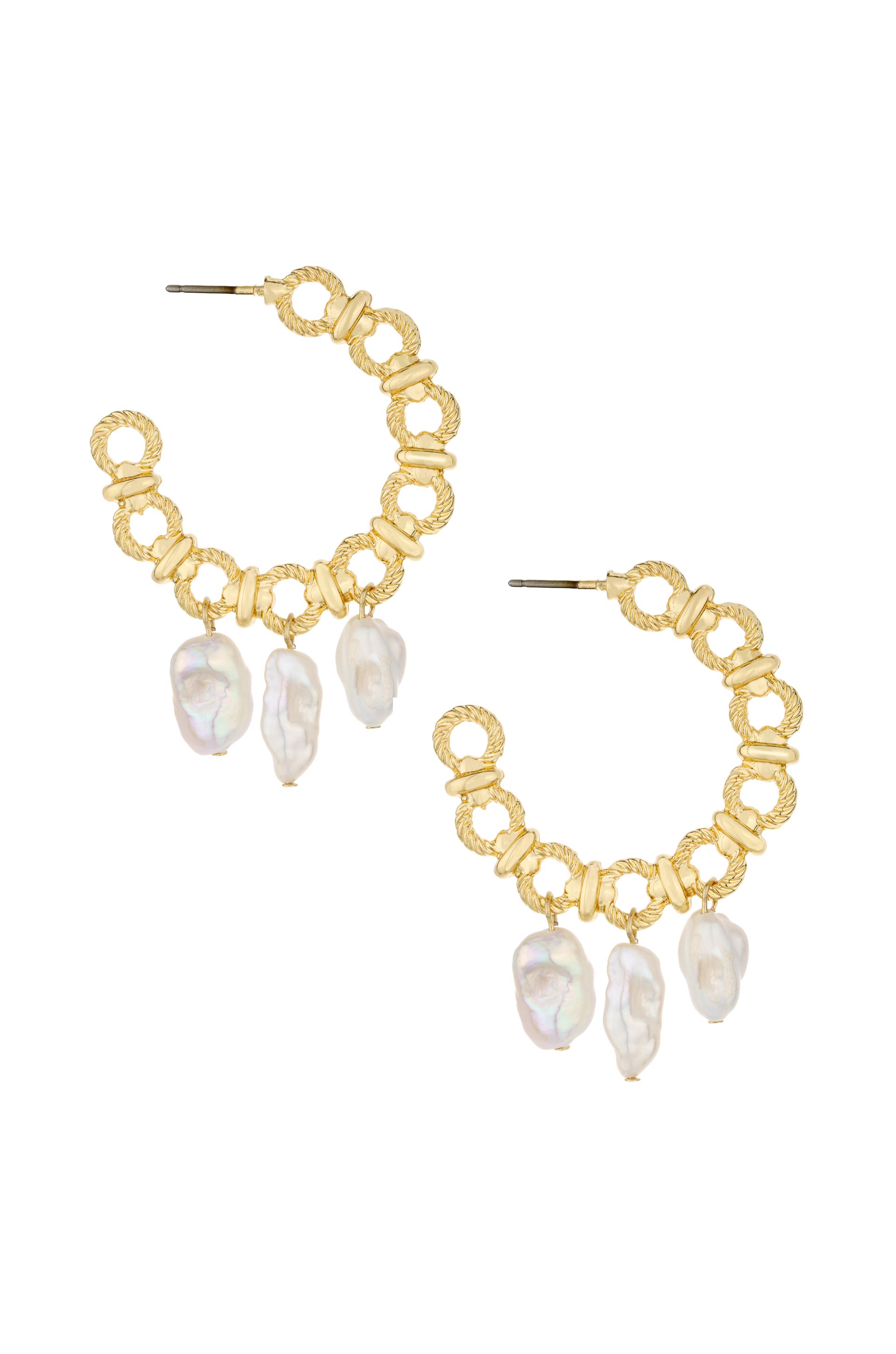 Chunky 18k Gold Plated Hoops with Freshwater Pearl Charms on white background