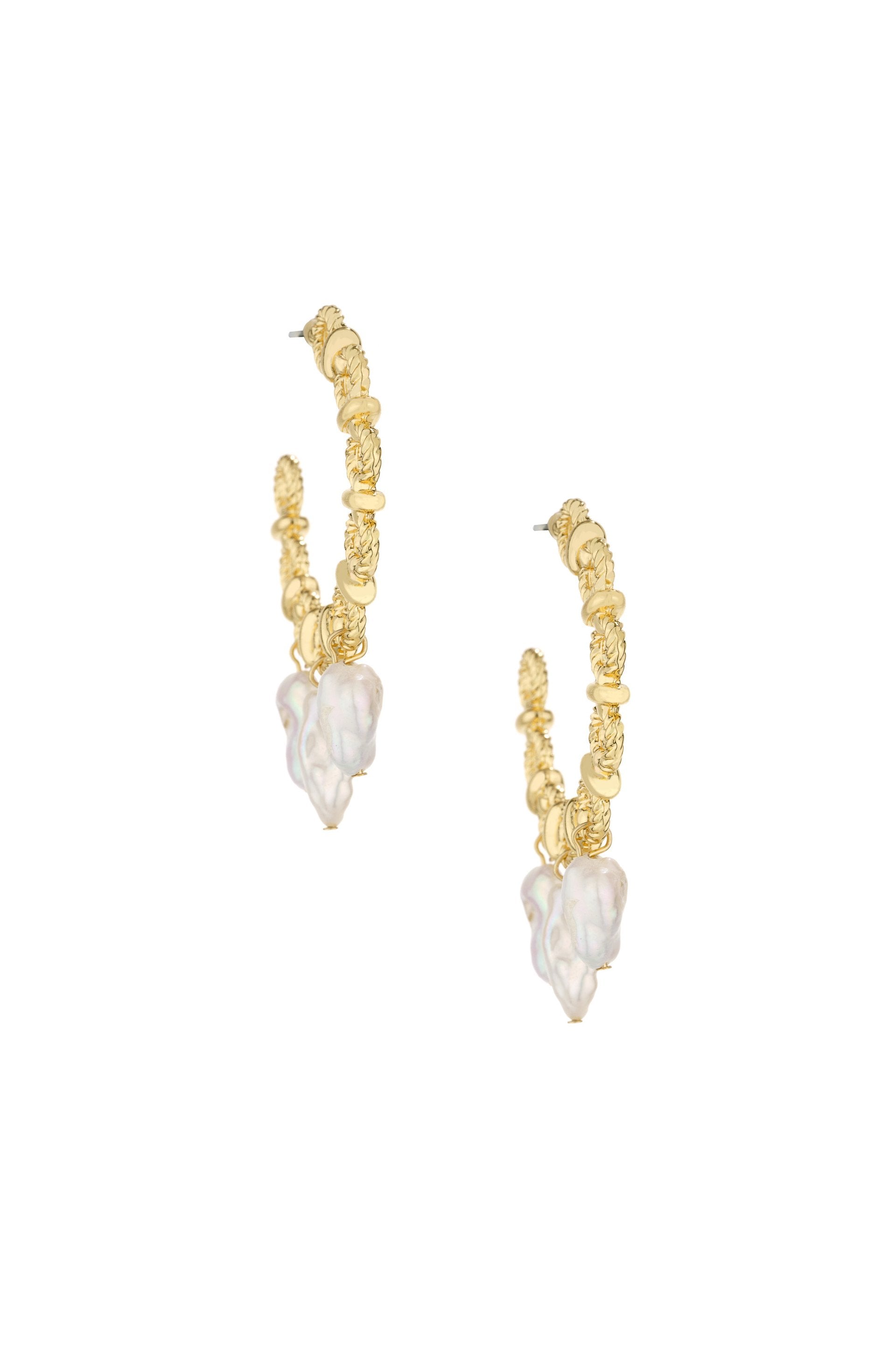Chunky 18k Gold Plated Hoops with Freshwater Pearl Charms on white