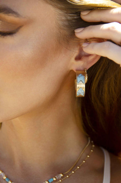 The Perfect Bohemian Hoops in Turquoise and Worn 18k Gold Plating on a model