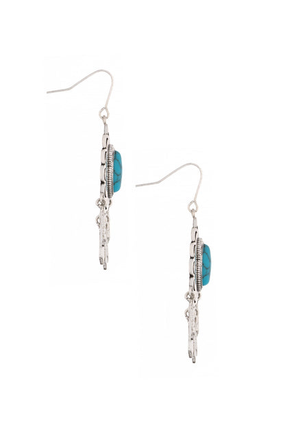 Turquoise Pendant Dangle Earrings in Antique Silver on white background side view