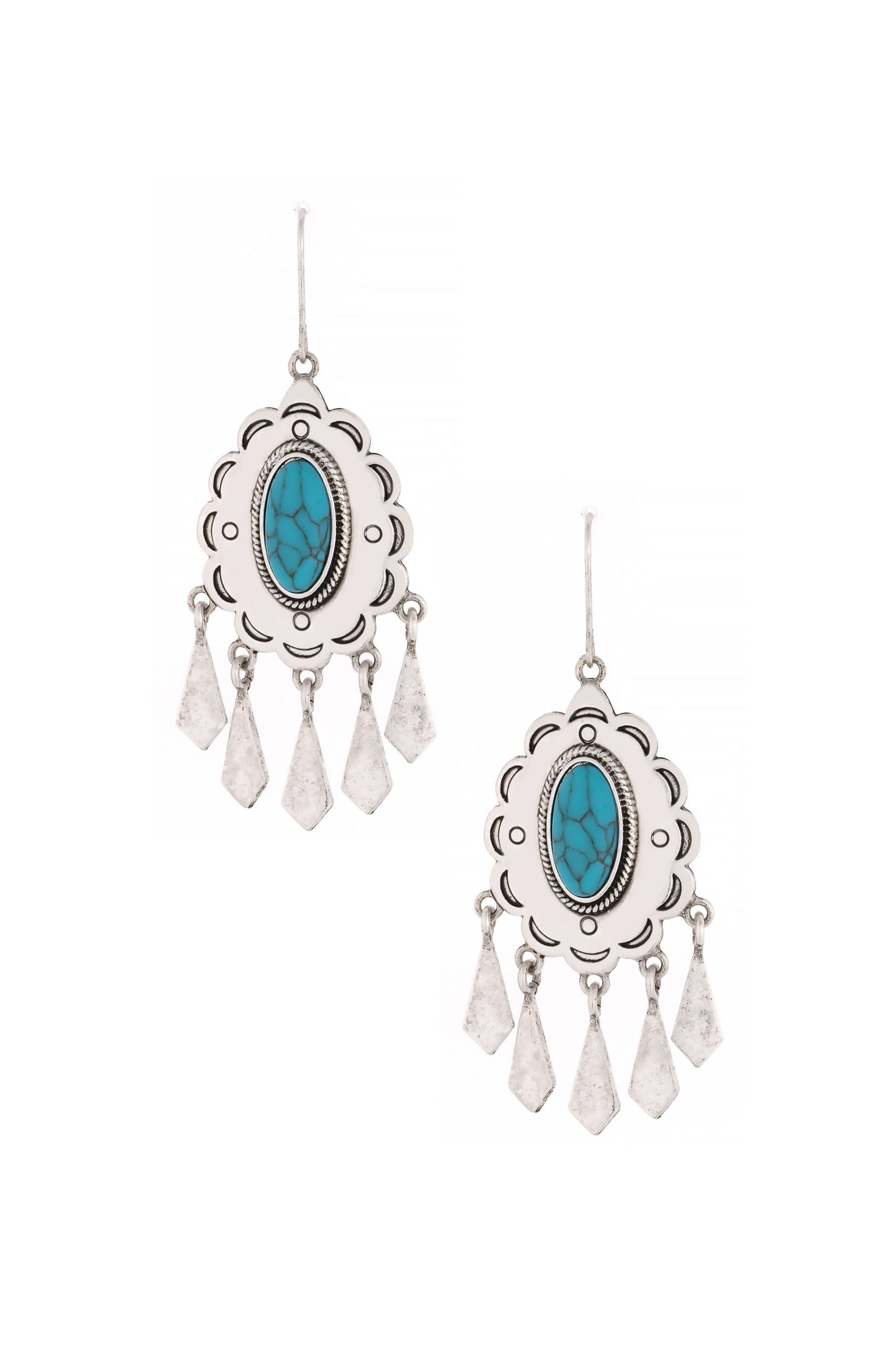 Turquoise Pendant Dangle Earrings in Antique Silver on white background