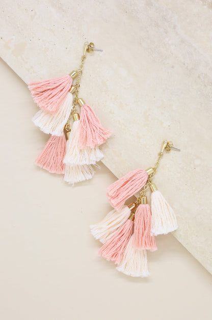 Daydreamer Pink Tassel Earrings on slate
