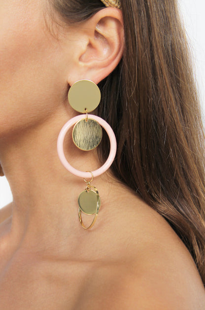Petunia Light Pink Circular 18k Gold Plated Earrings shown on a model  
