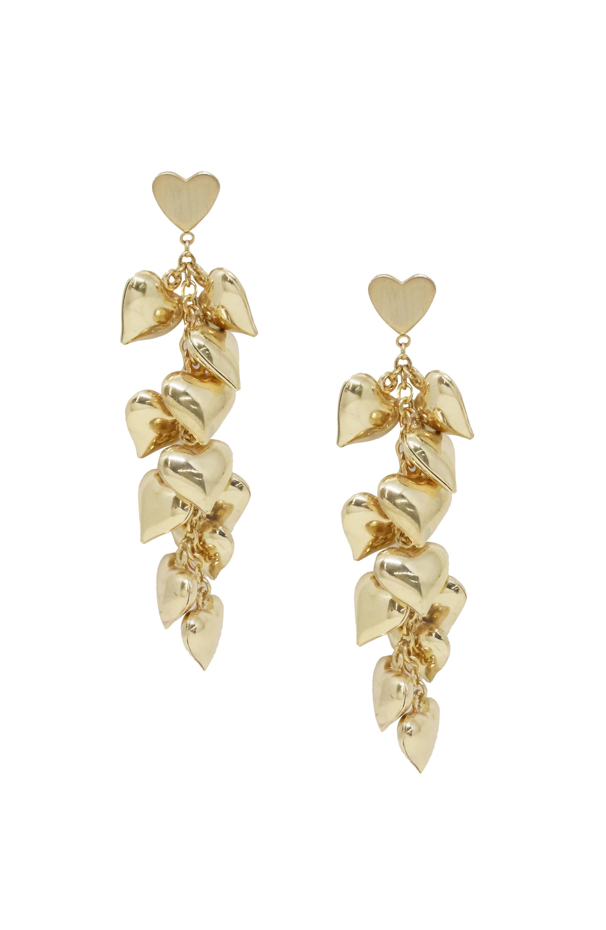 Heart Cluster 18k Gold Plated Drop Earrings on white background  