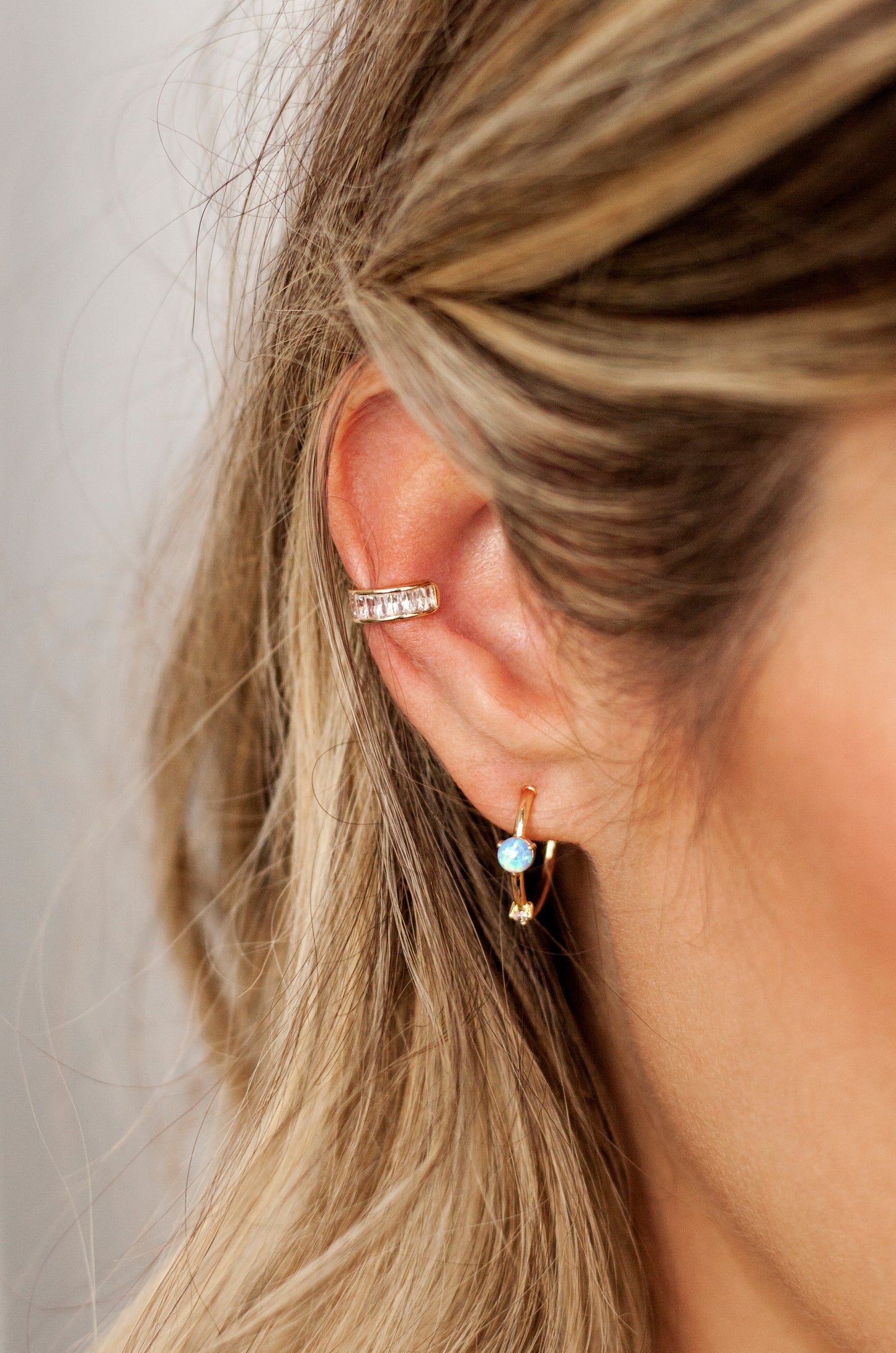 Class Crystal 18k Gold Plated Ear Cuff shown on a model  
