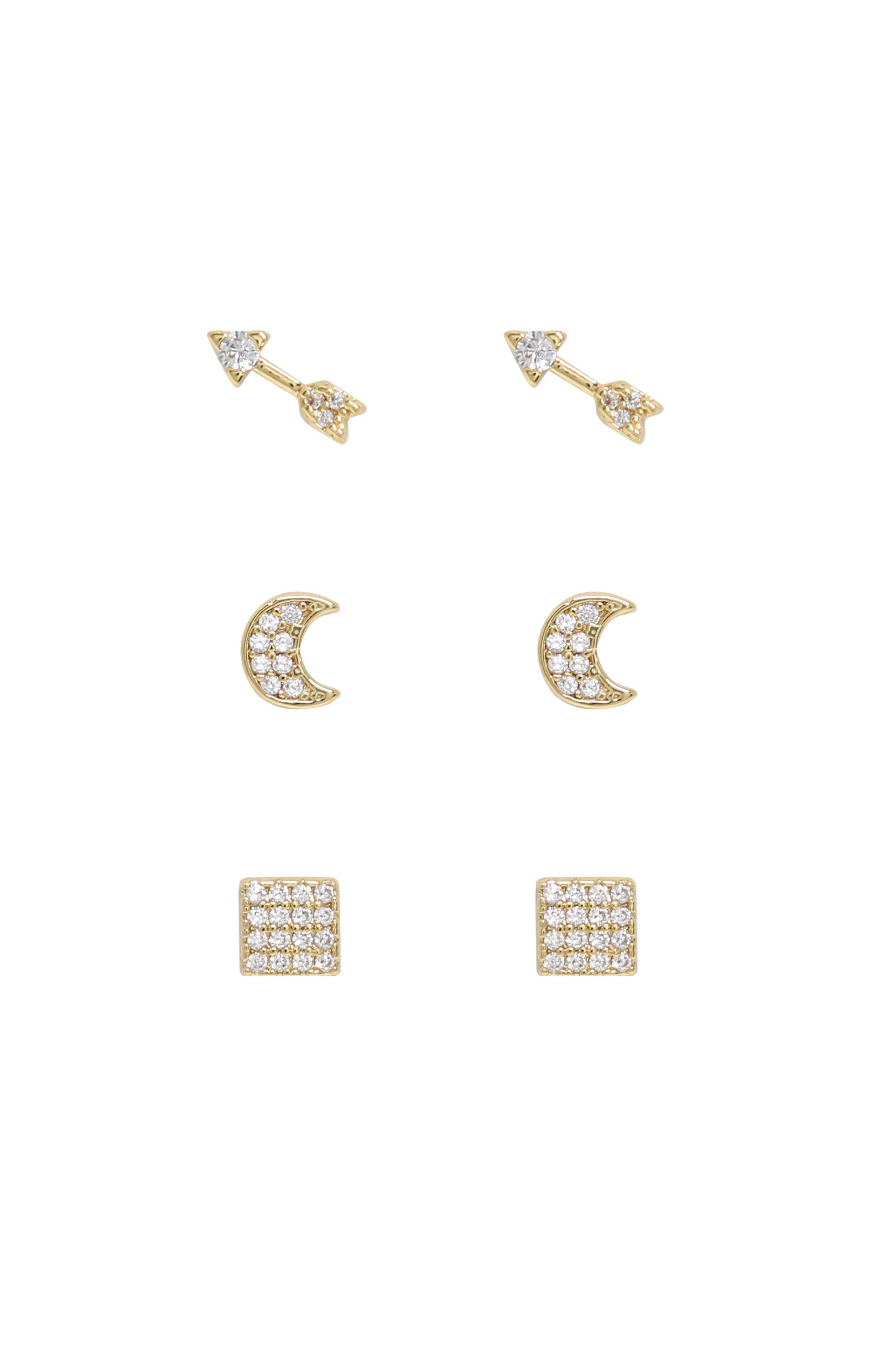 Moon, Arrow & Square Crystal 18k Gold Plated Stud Set on white background  