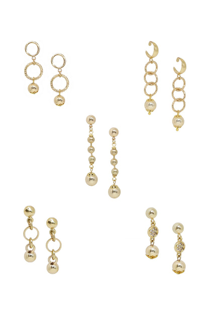 Mini Assorted 18k Gold Plated Dangle Earrings - Set of 5 Pairs on white background