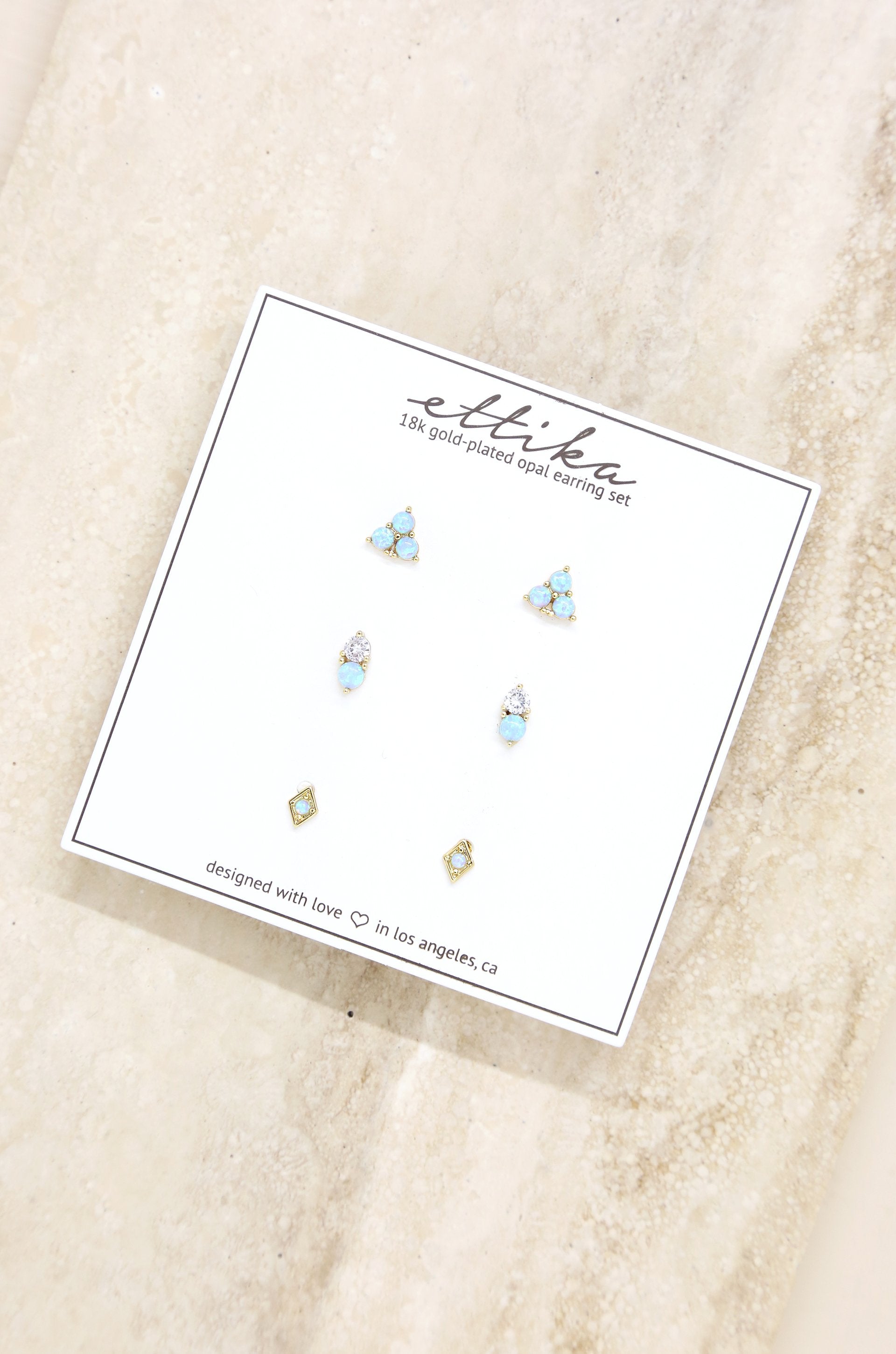 Blue Kyocera Opal & 18k Gold Plated Geometric Stud Set on slate background  2