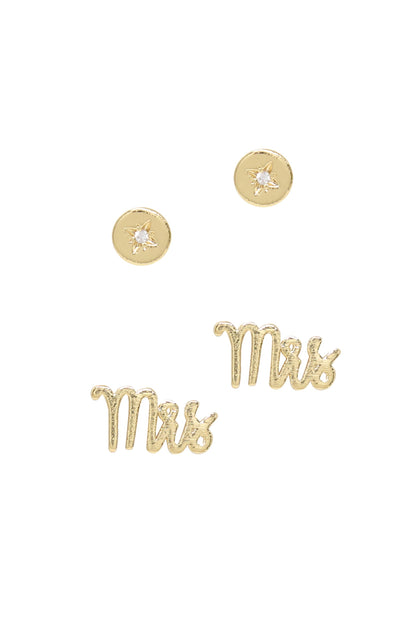 Mrs. 18k Gold Plated Earring Stud Set on white background  