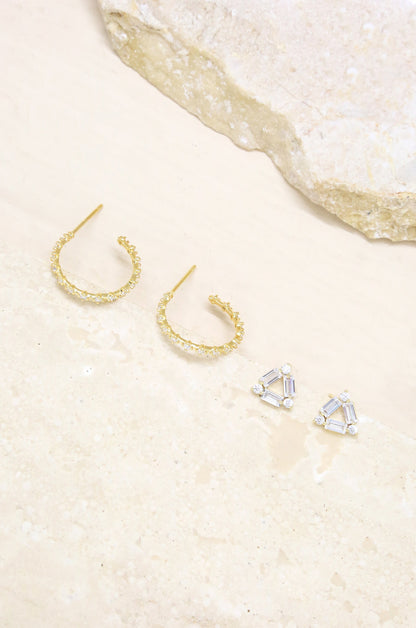Triangle Crystal Stud & 18k Gold Plated Hoop Earring Set on slate background  