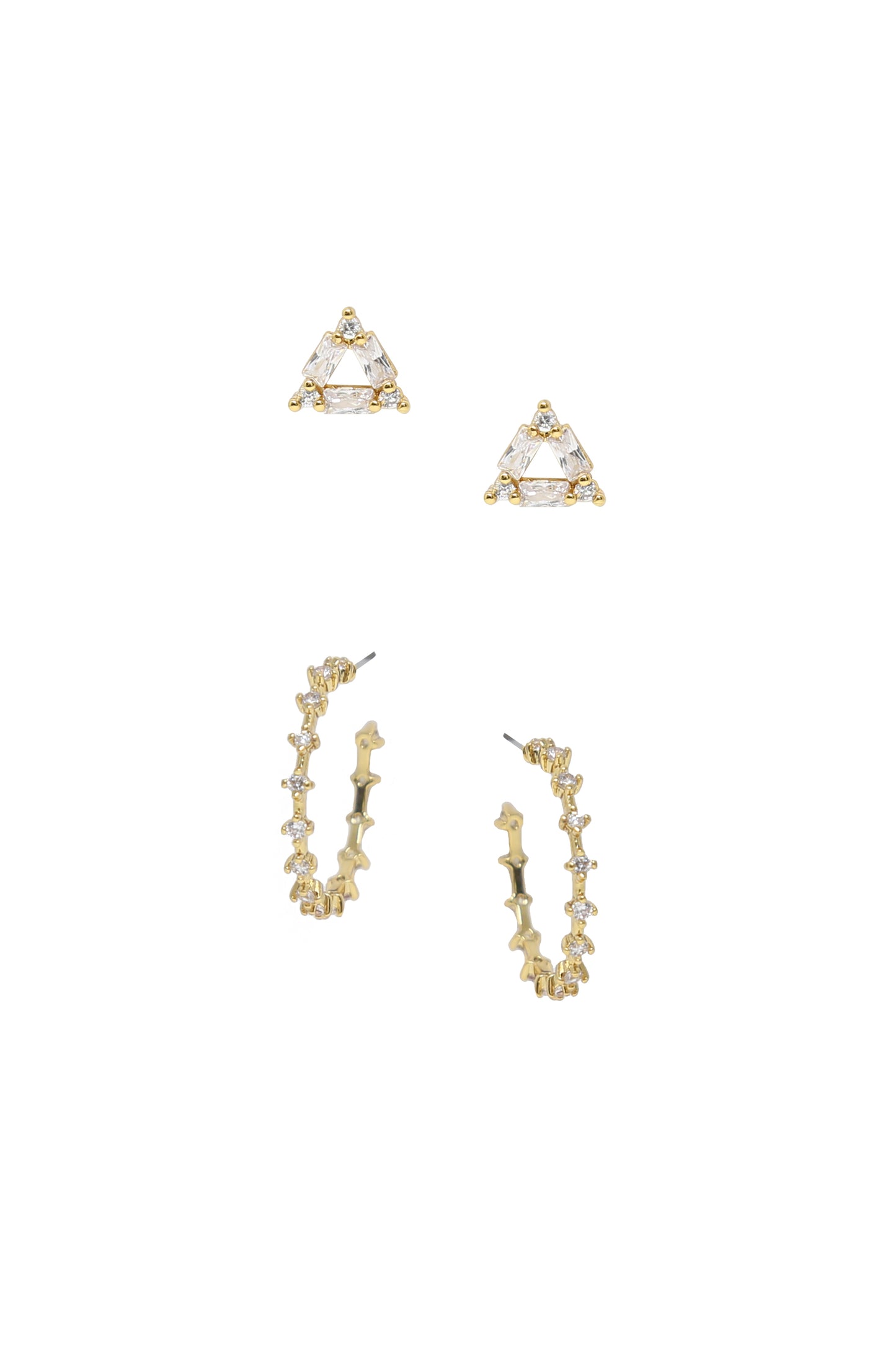 Triangle Crystal Stud & 18k Gold Plated Hoop Earring Set on white background  