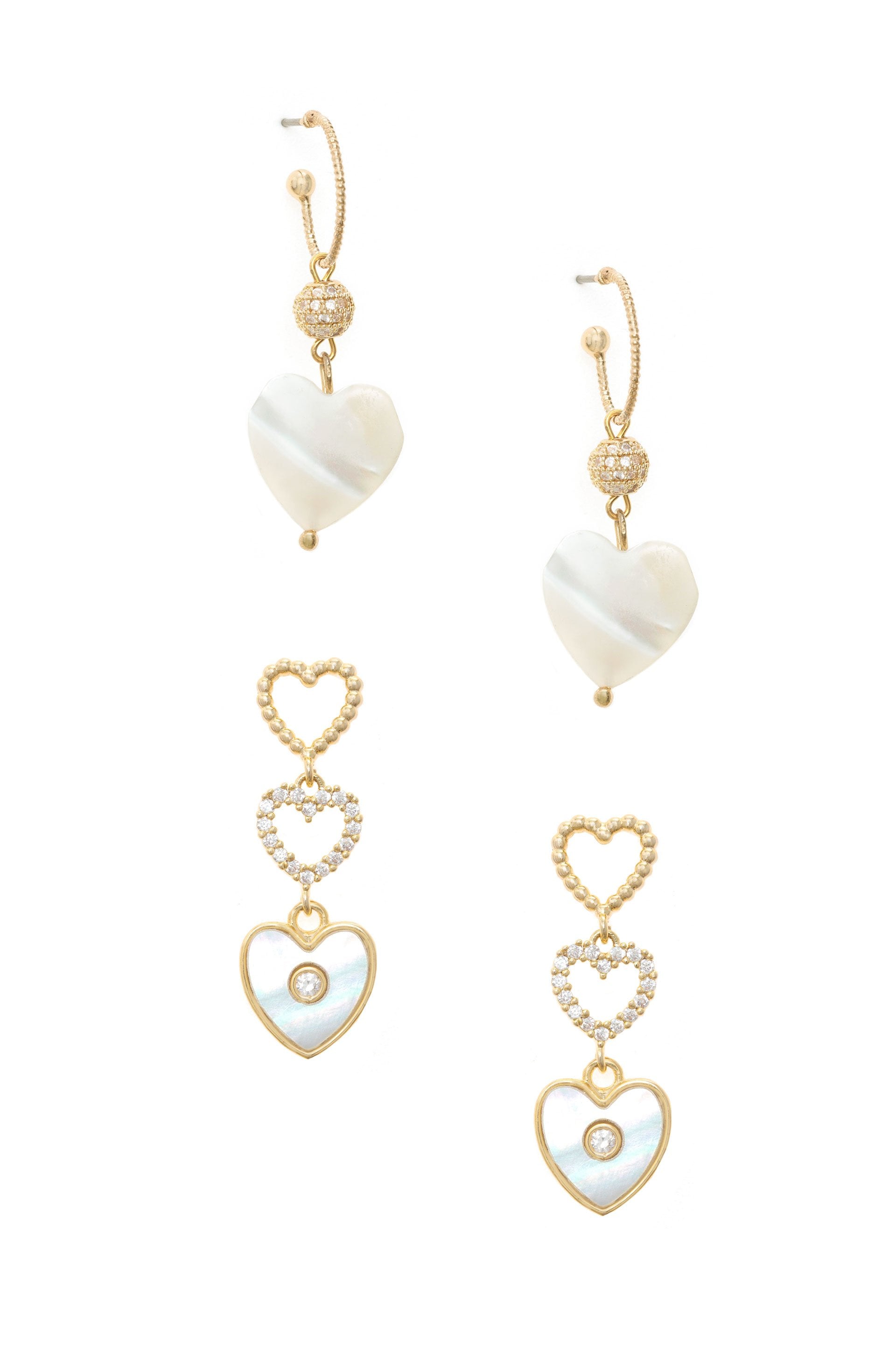 Mother of Pearl Heart 18k Gold Plated Earring Set on white background
