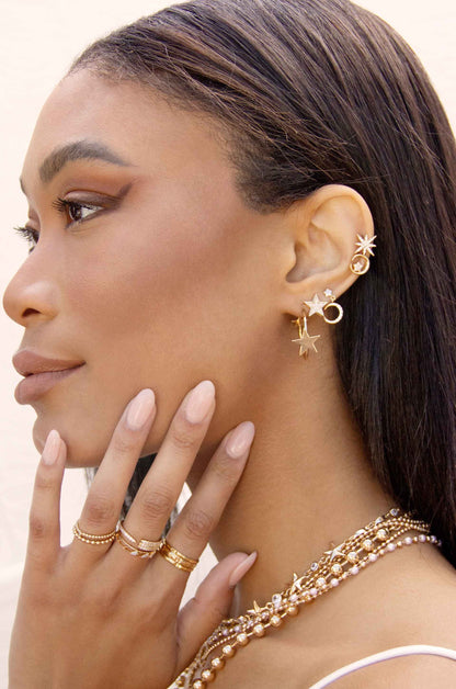Celestial Stud and Mini Dangle 18k Gold Plated Earring Set of 3 on a model