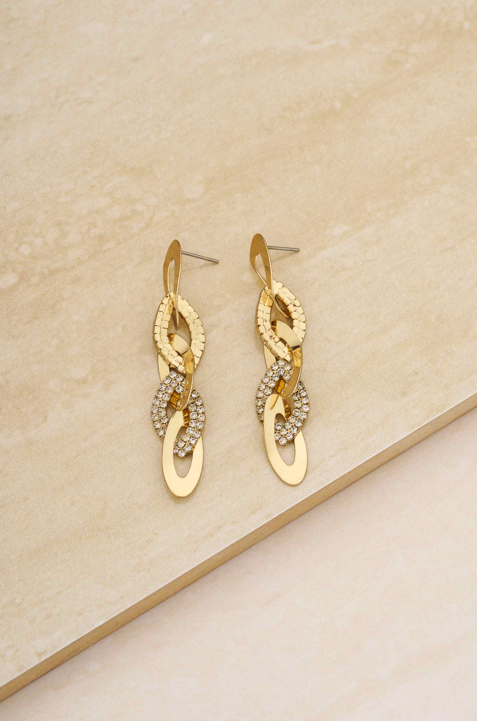 Crystal and 18k Gold Plated Rope Chain Link Dangle Earrings on slate