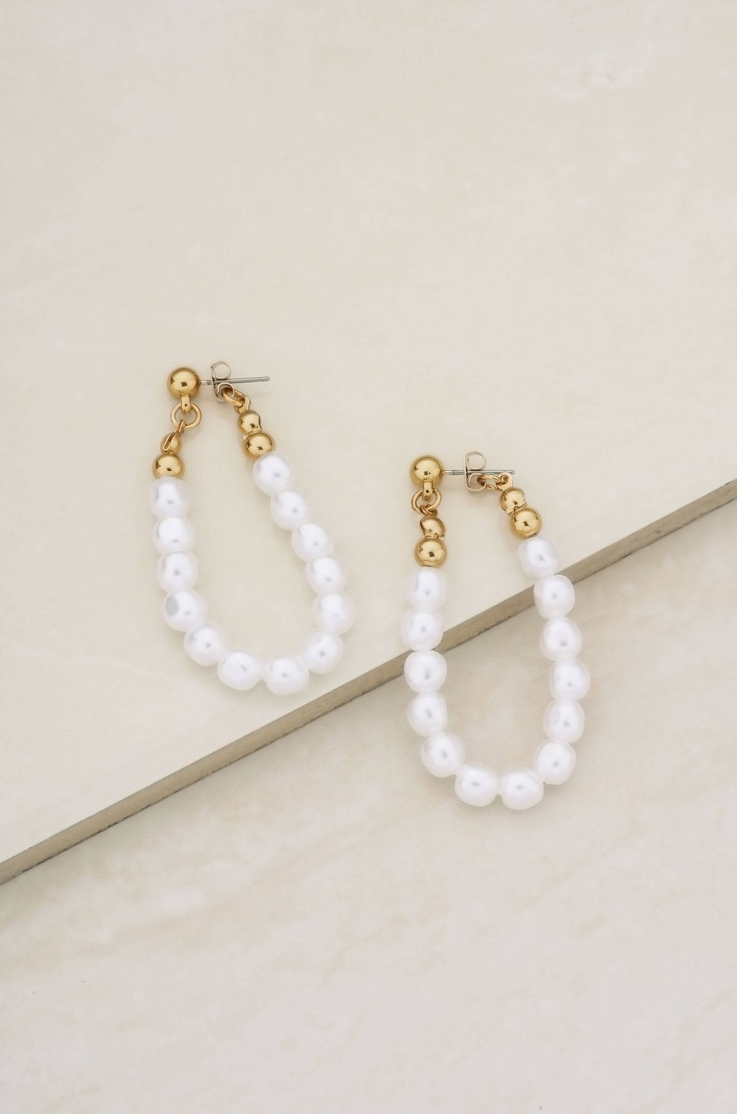 Pearl and 18k Gold Plated Ball Chain Drop Earrings on slate