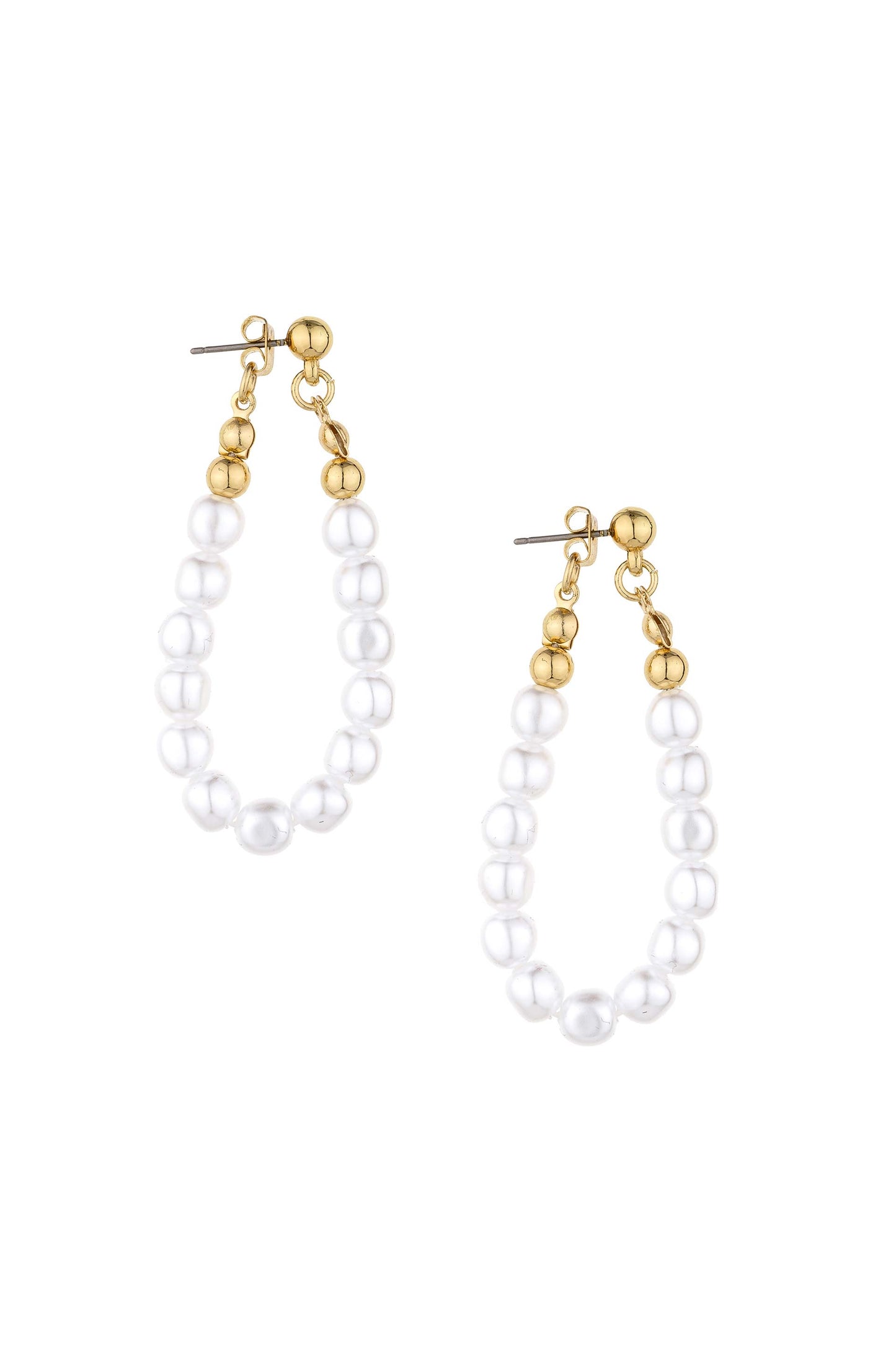 Pearl and 18k Gold Plated Ball Chain Drop Earrings on white