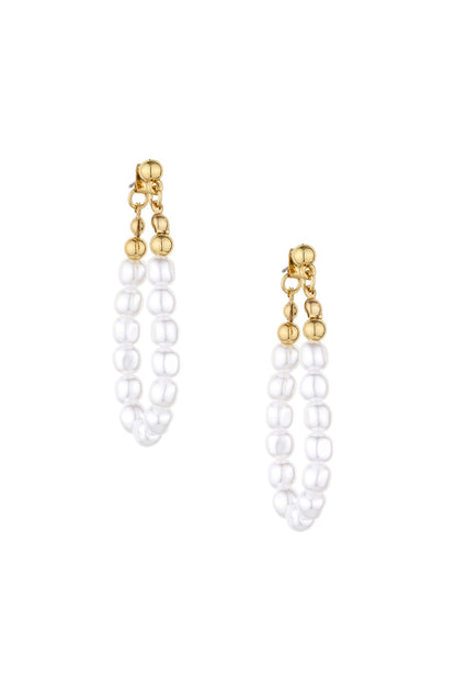 Pearl and 18k Gold Plated Ball Chain Drop Earrings on white 2