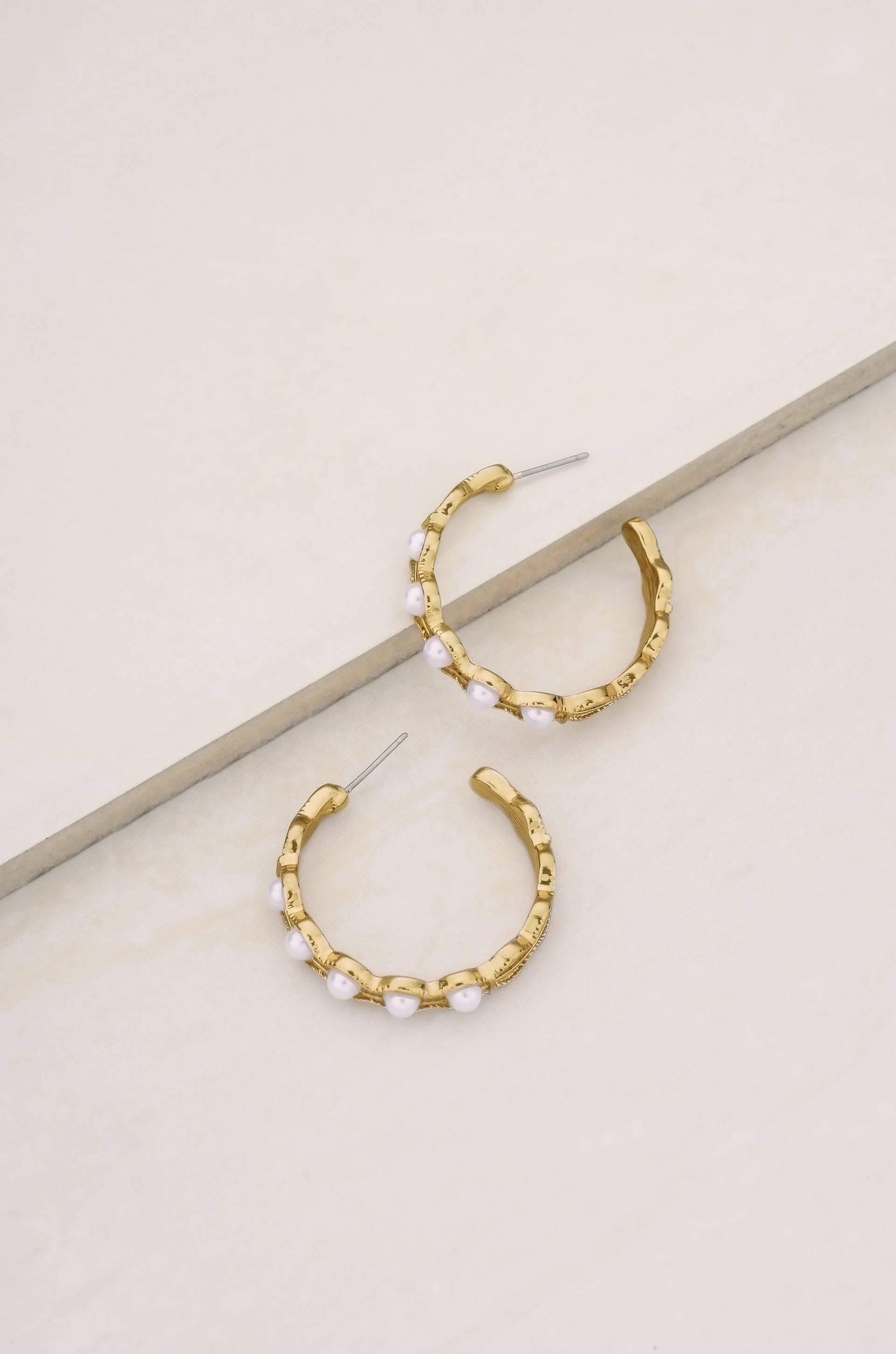 Pretty Pearls 18k Gold Plated Hoop Earrings on slate