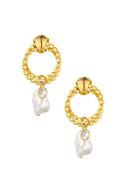 Pearl and Crystal Hanging Charm 18k Gold Plated Earrings on white