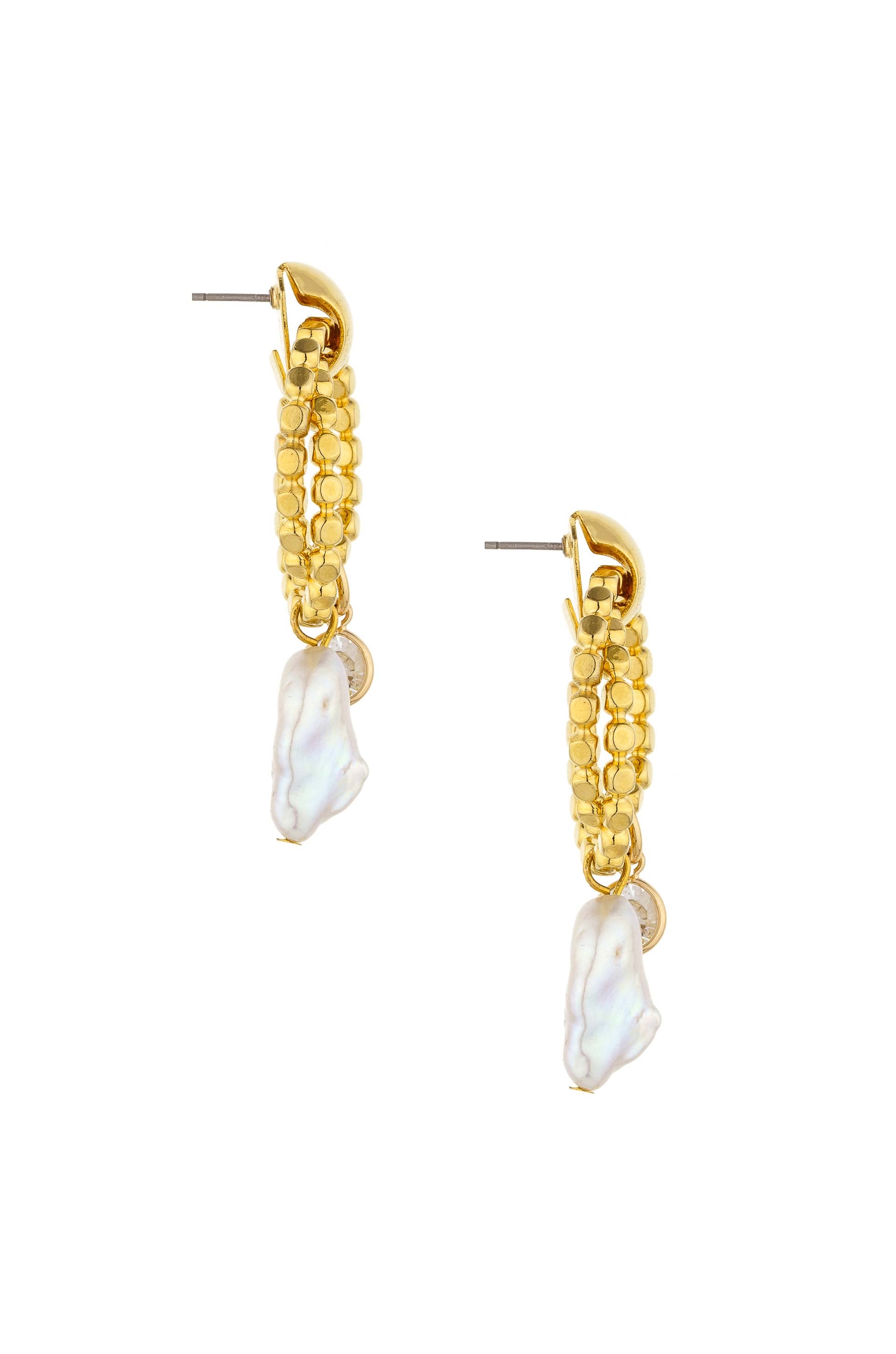 Pearl and Crystal Hanging Charm 18k Gold Plated Earrings on white 2