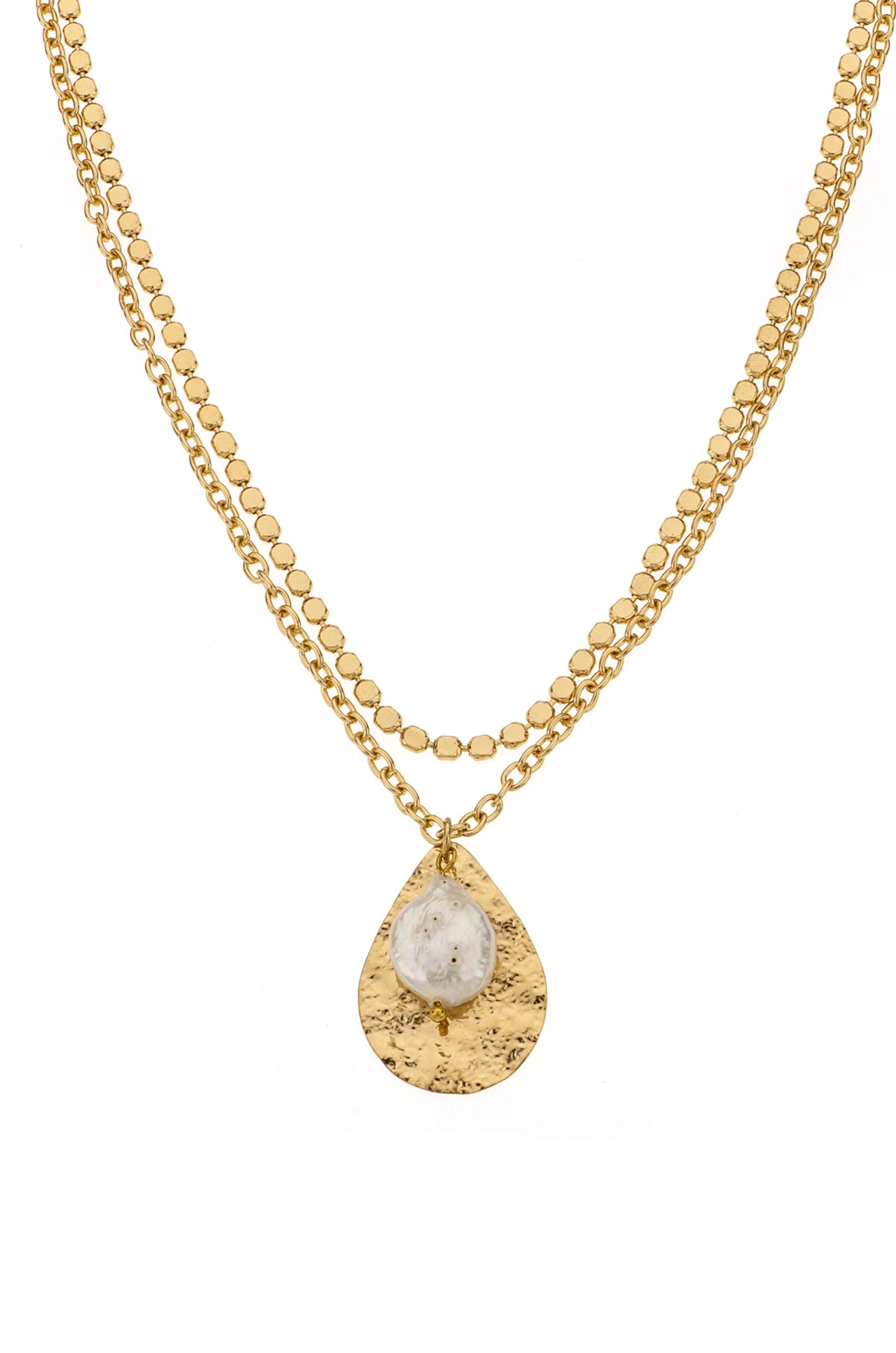Timeless Hammered 18k Gold Plated and Pearl Pendant Necklace on white