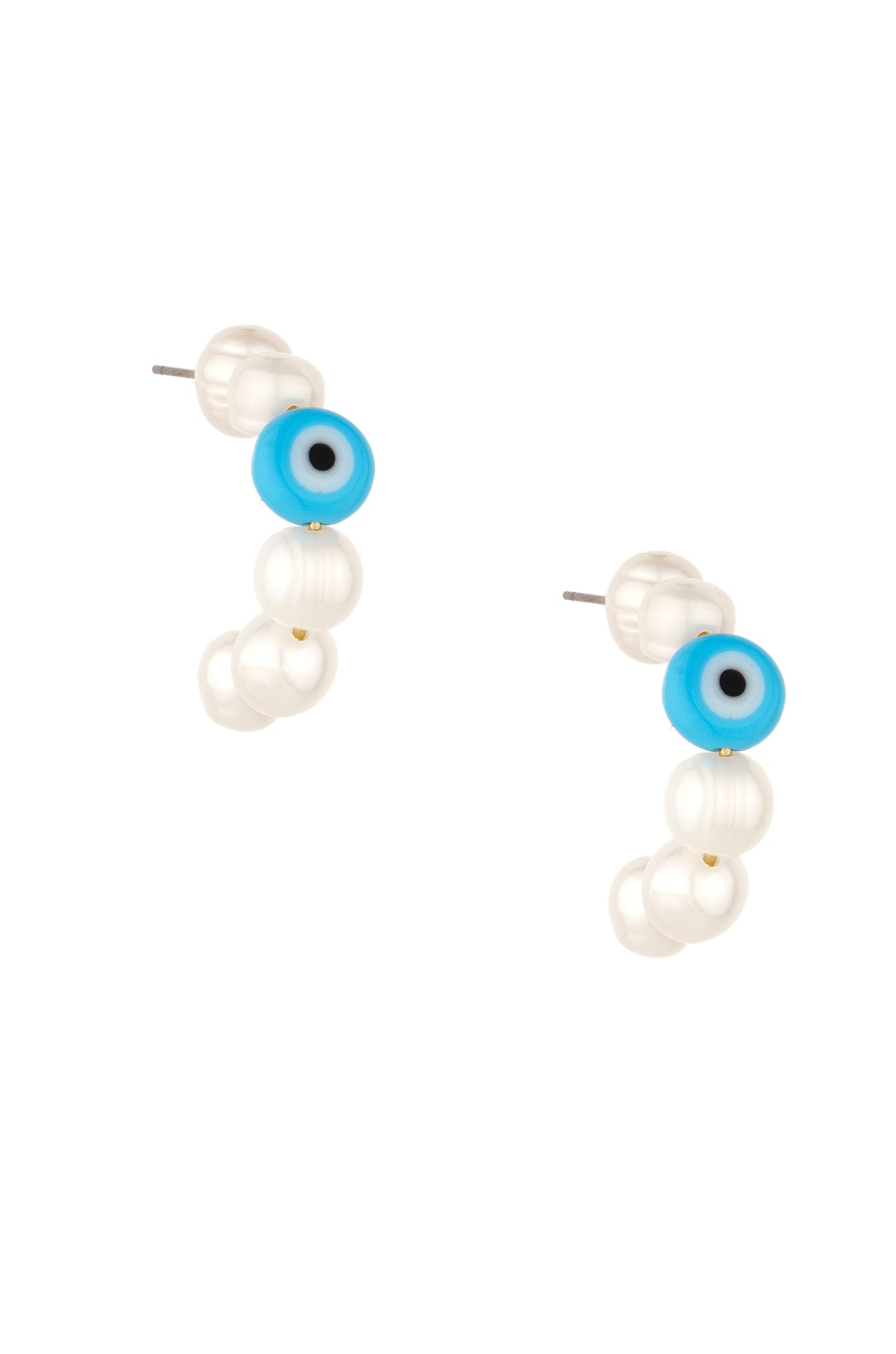 Evil Eye and Pearl Hoop 18k Gold Plated Earrings on white front view
