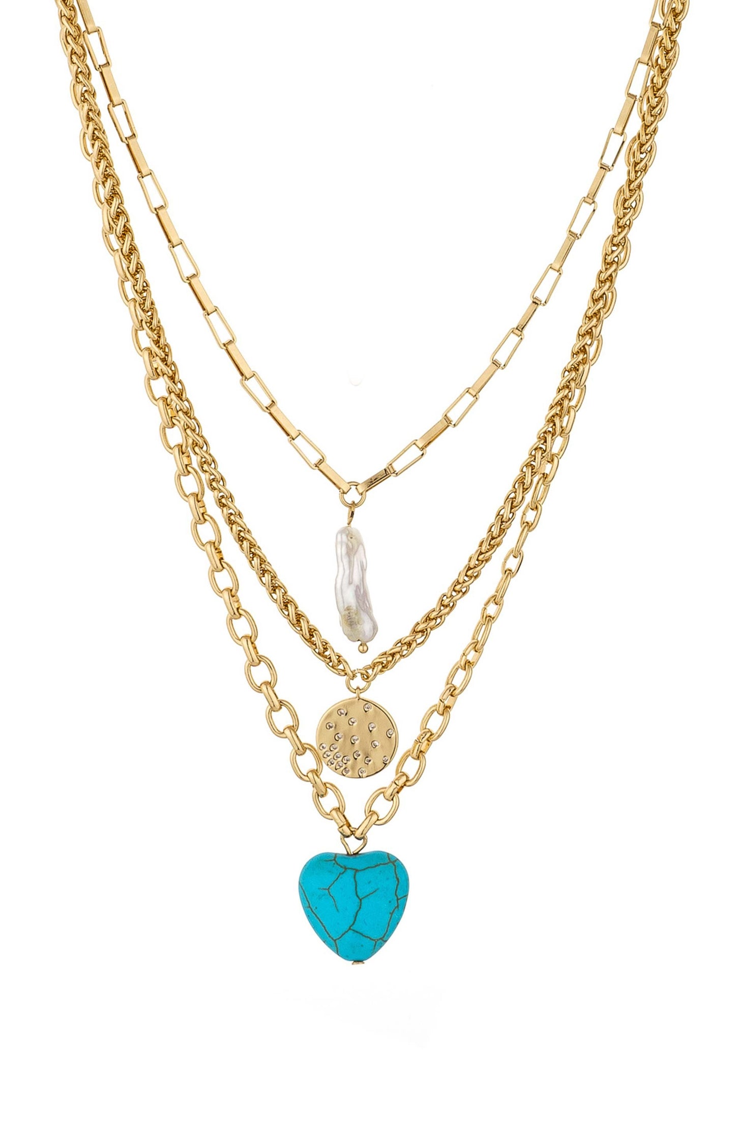 The Malibu Turquoise, Coin, and Pearl 18k Gold Plated Necklace Set on white close
