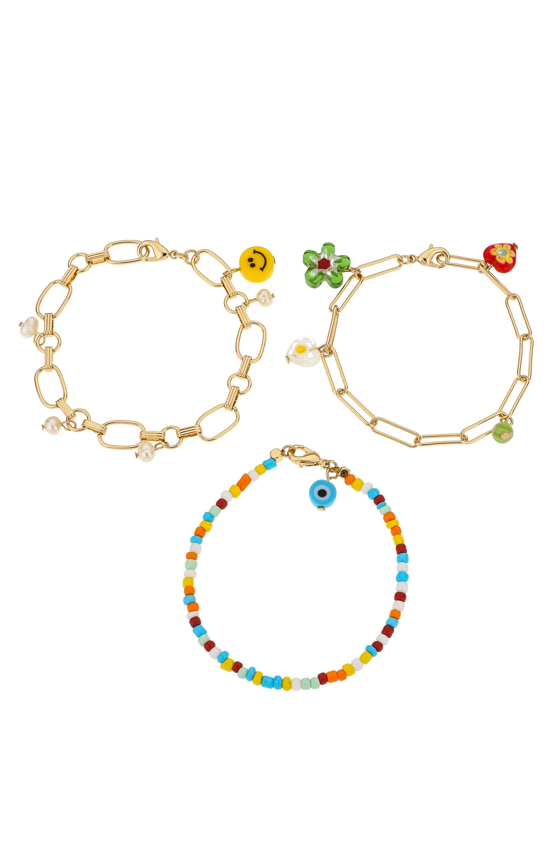 Happiness Beaded and 18k Gold Plated Charm Bracelet Set on white